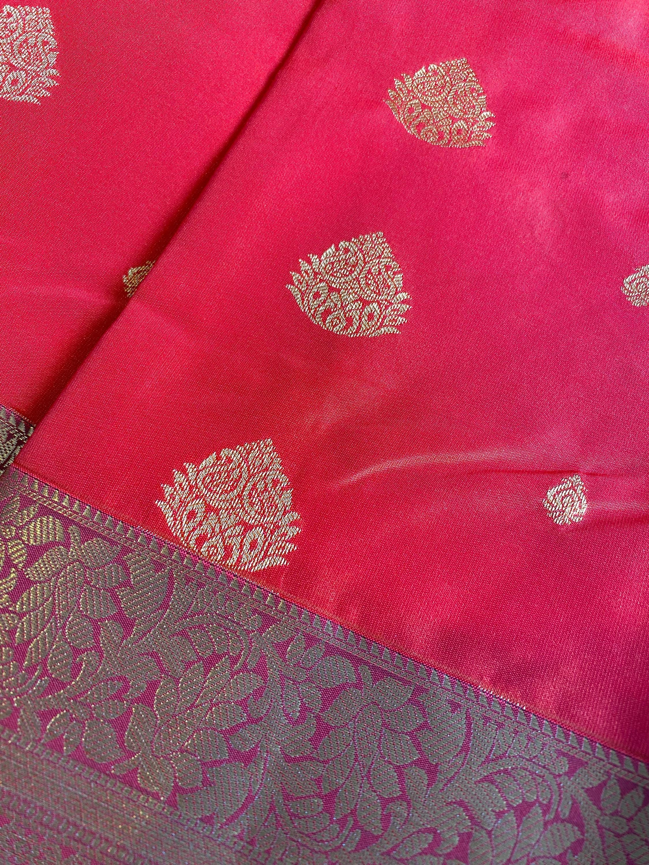 Semi-Kanchipuram Silk Saree – Vibrant Orange with Teal Green Pallu