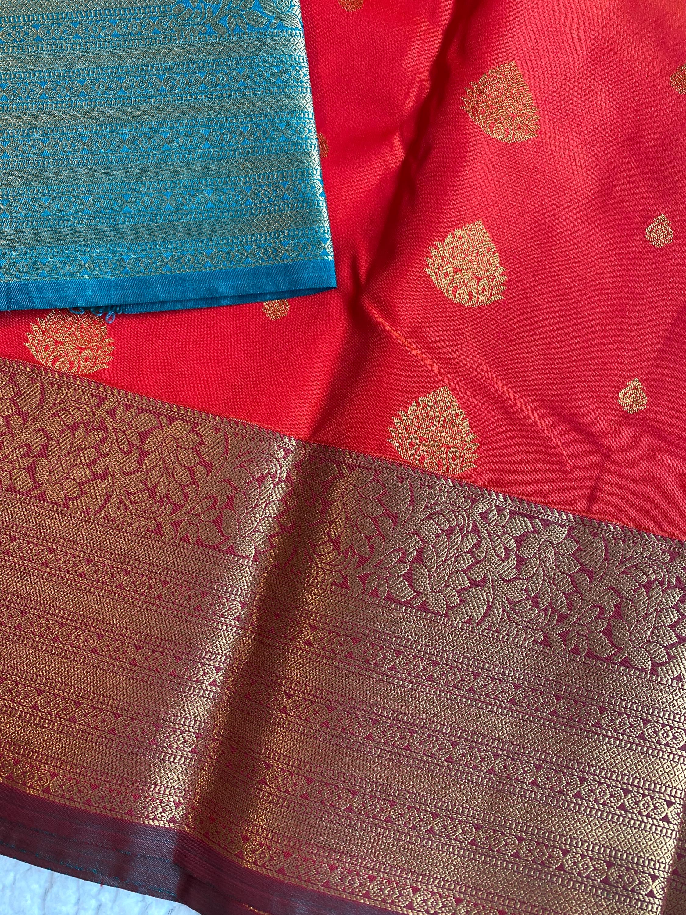 Semi-Kanchipuram Silk Saree – Vibrant Orange with Teal Green Pallu