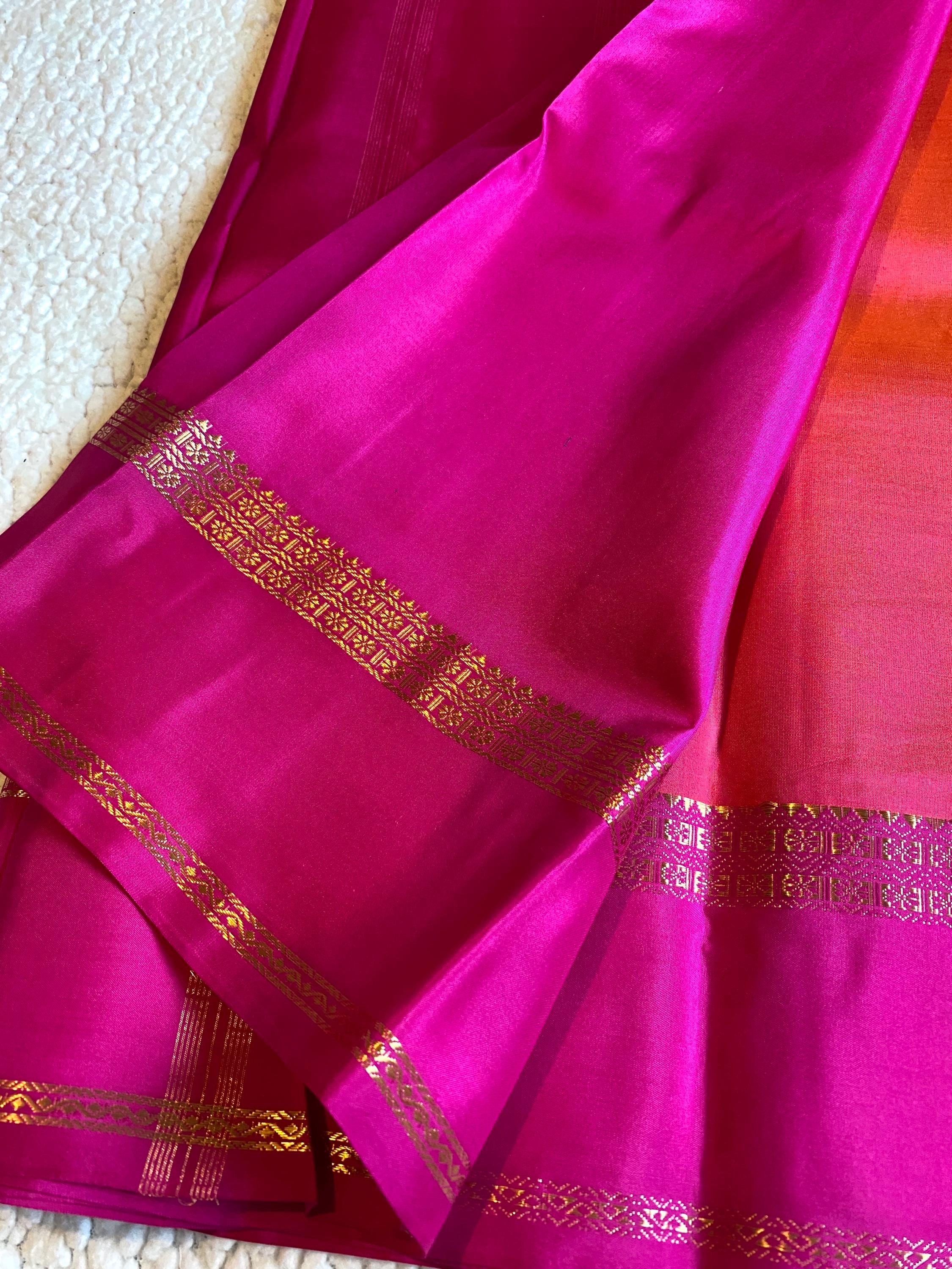 Pure Kanchipuram Silk Saree  | Dual Tone Orange and Pink with Magenta Border