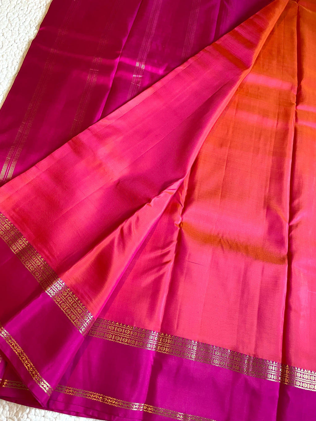 Pure Kanchipuram Silk Saree  | Dual Tone Orange and Pink with Magenta Border
