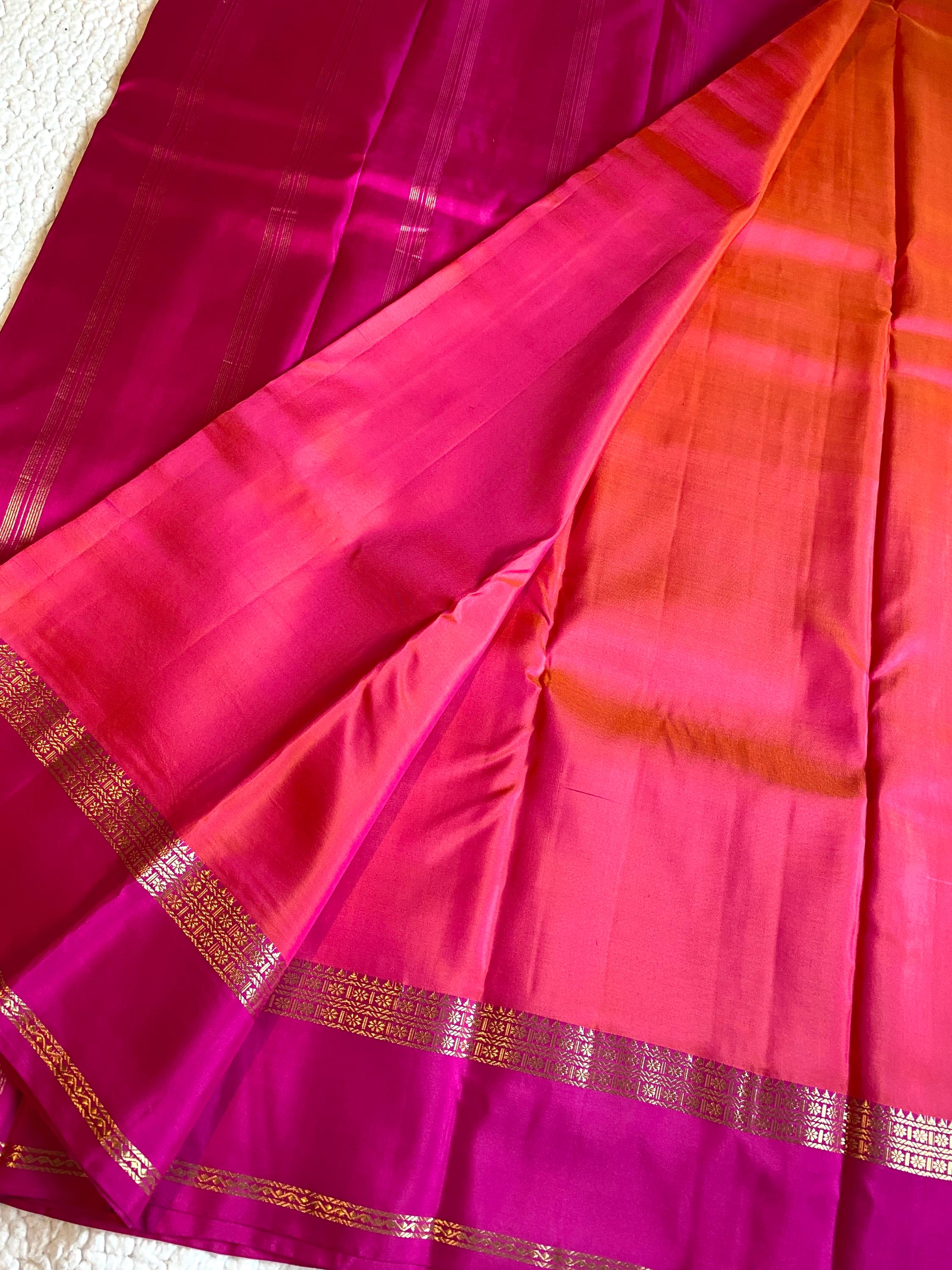Pure Kanchipuram Silk Saree  | Dual Tone Orange and Pink with Magenta Border