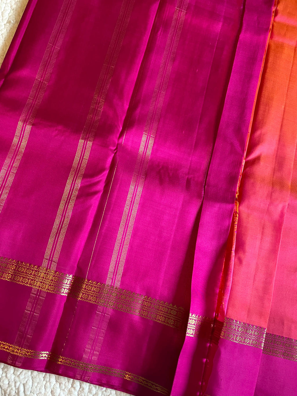 Pure Kanchipuram Silk Saree  | Dual Tone Orange and Pink with Magenta Border