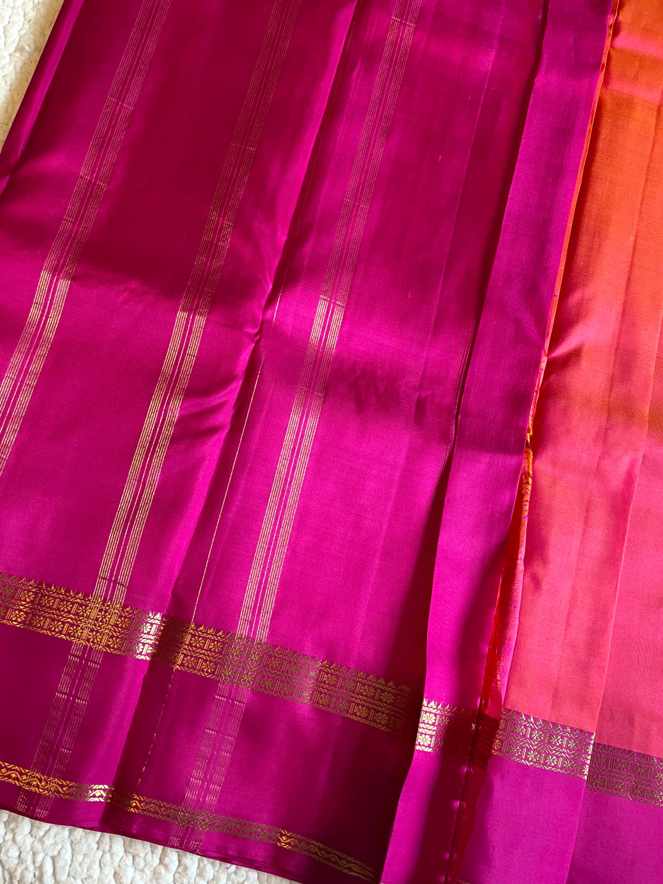 Pure Kanchipuram Silk Saree  | Dual Tone Orange and Pink with Magenta Border