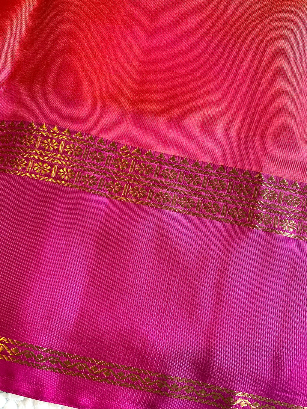 Pure Kanchipuram Silk Saree  | Dual Tone Orange and Pink with Magenta Border