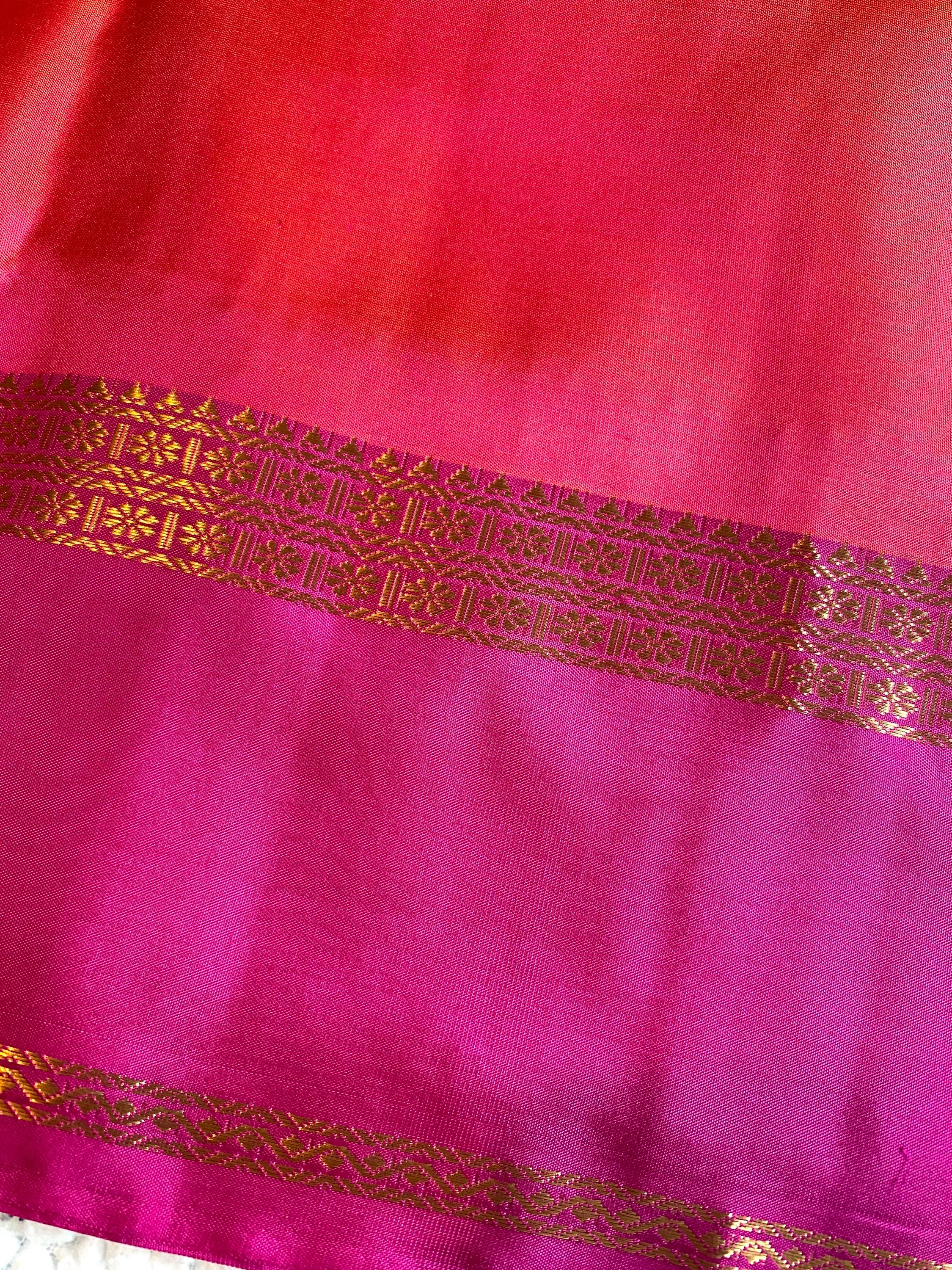 Pure Kanchipuram Silk Saree  | Dual Tone Orange and Pink with Magenta Border