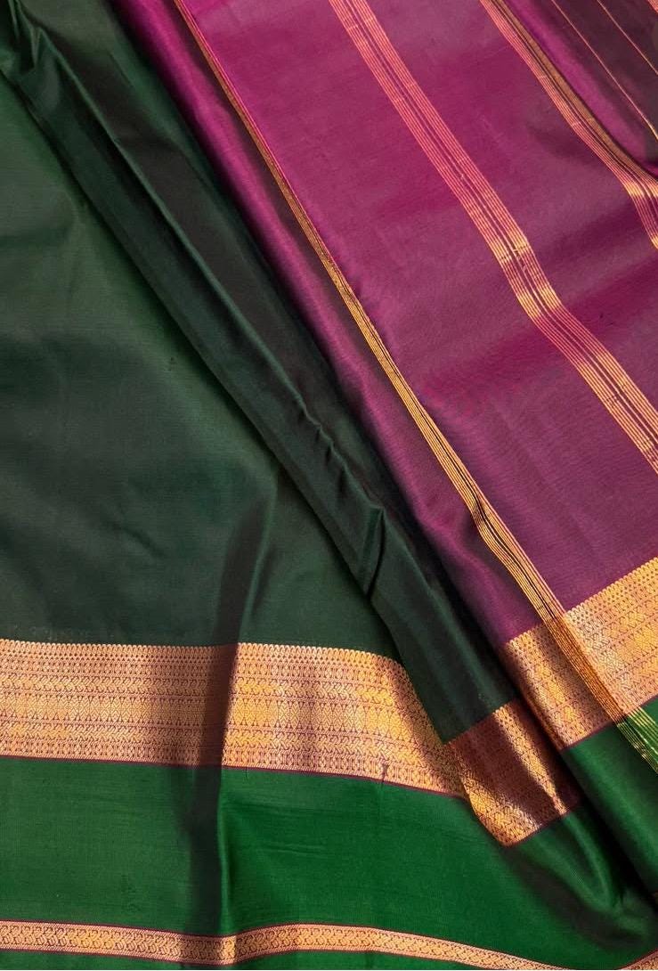 Pure Kanchipuram Silk Saree  | Royal Green and Wine Tone