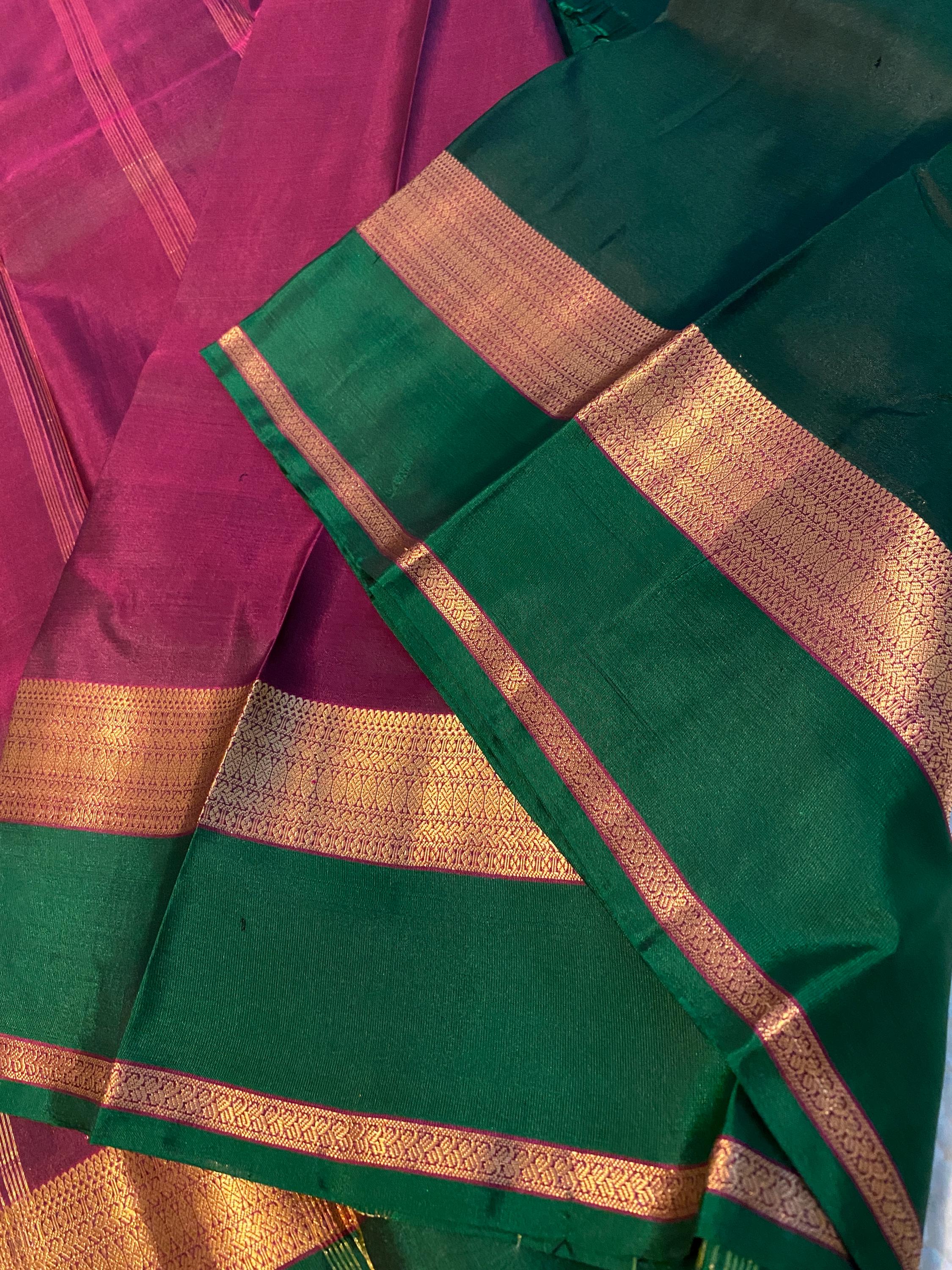 Pure Kanchipuram Silk Saree  | Royal Green and Wine Tone