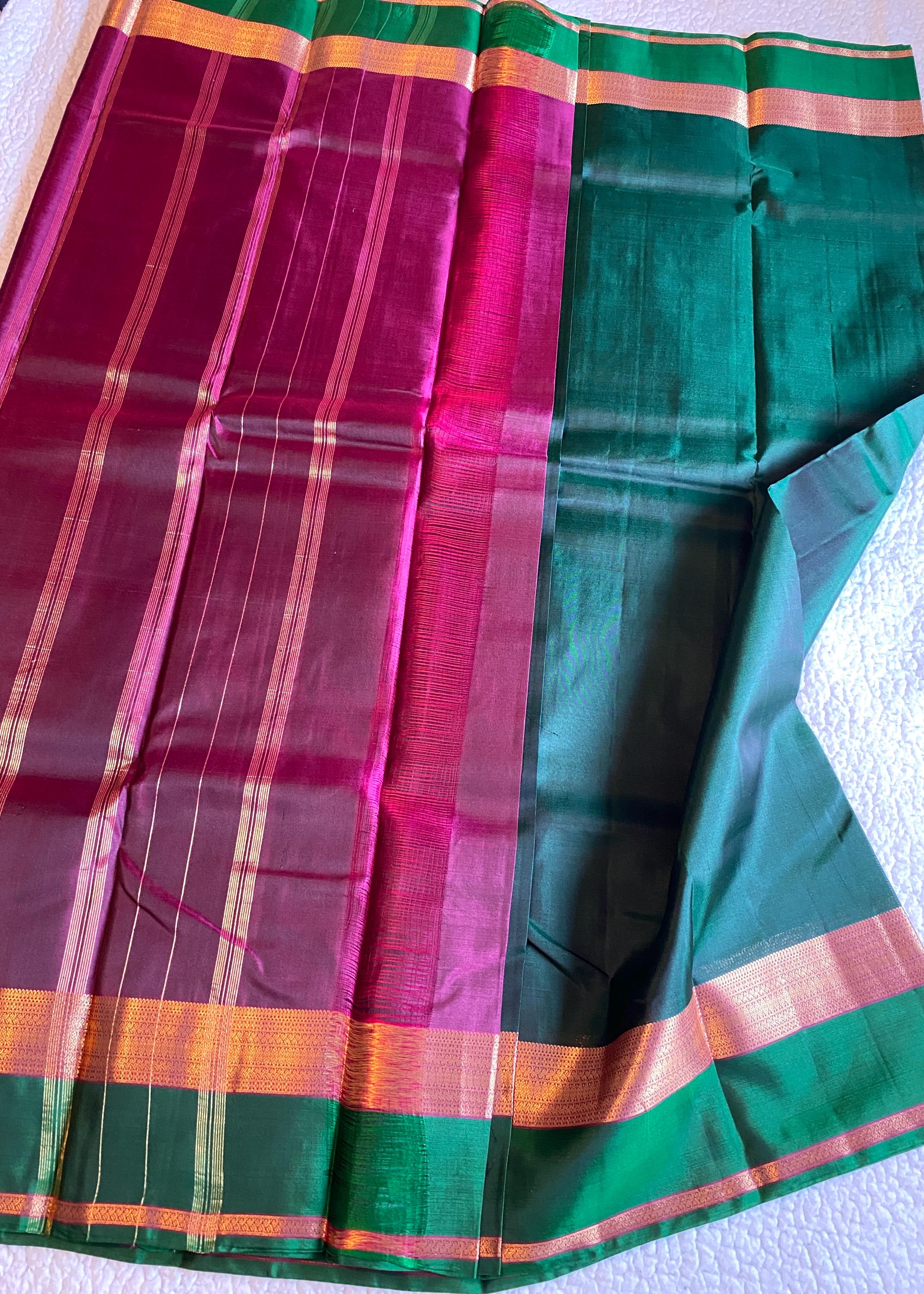 Pure Kanchipuram Silk Saree  | Royal Green and Wine Tone