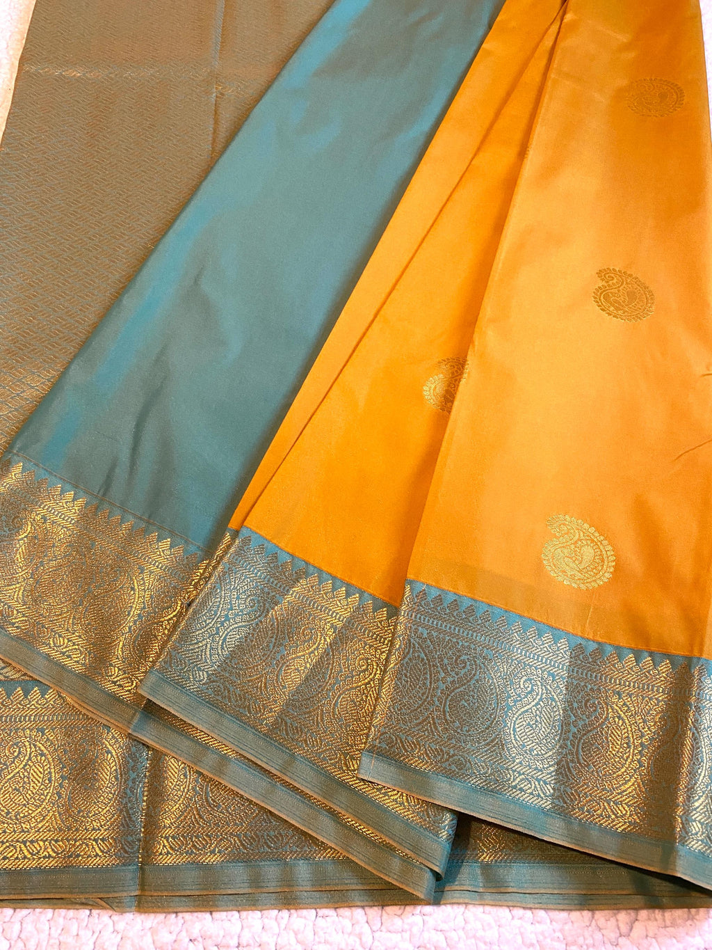 Elegant Semi-Kanchipuram Silk Saree | Mustard Yellow with Teal Blue Pallu & Blouse