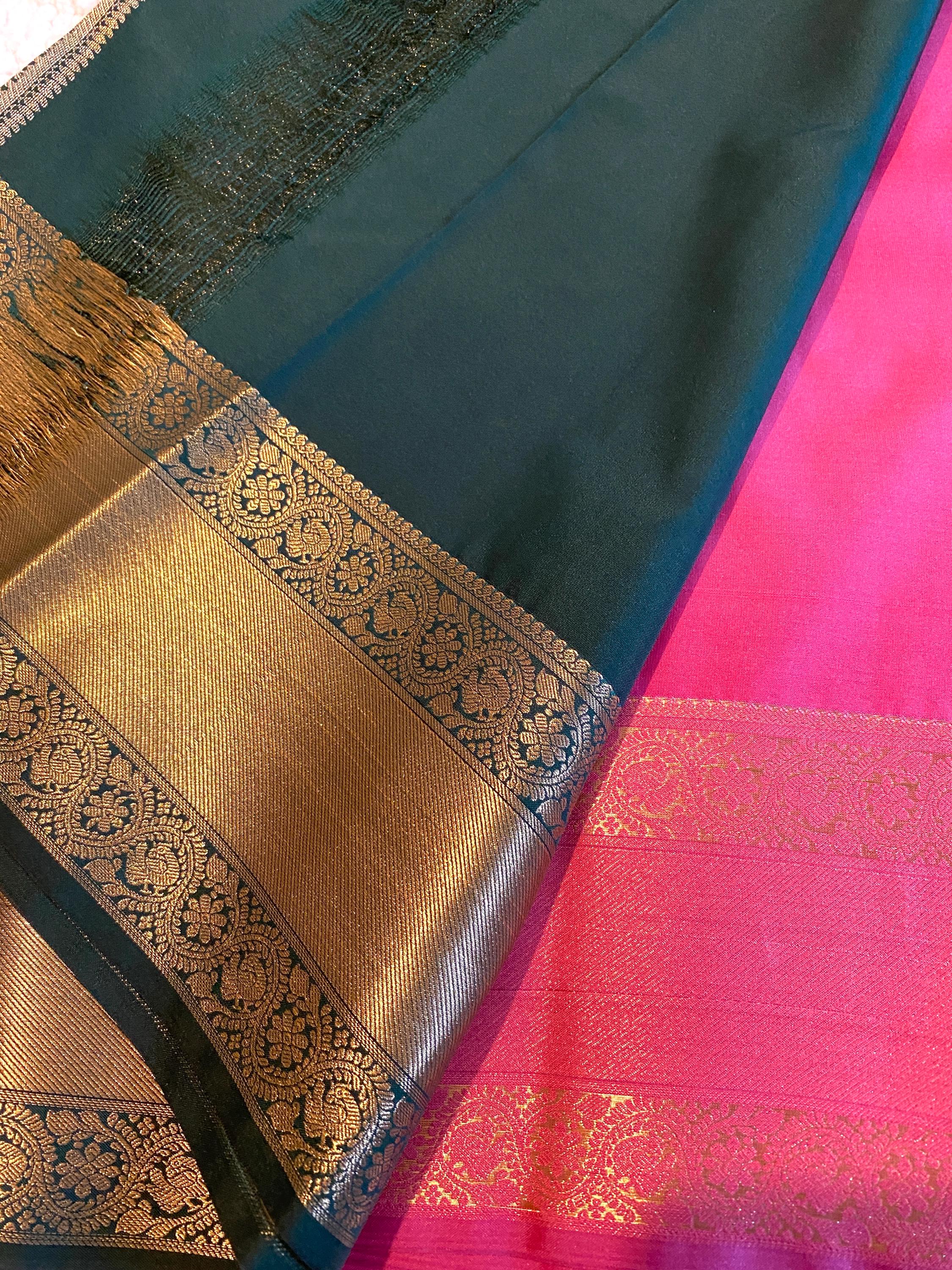 Elegant Semi-Kanchipuram Silk Saree – Soft Pink with Bottle Green Pallu & Border