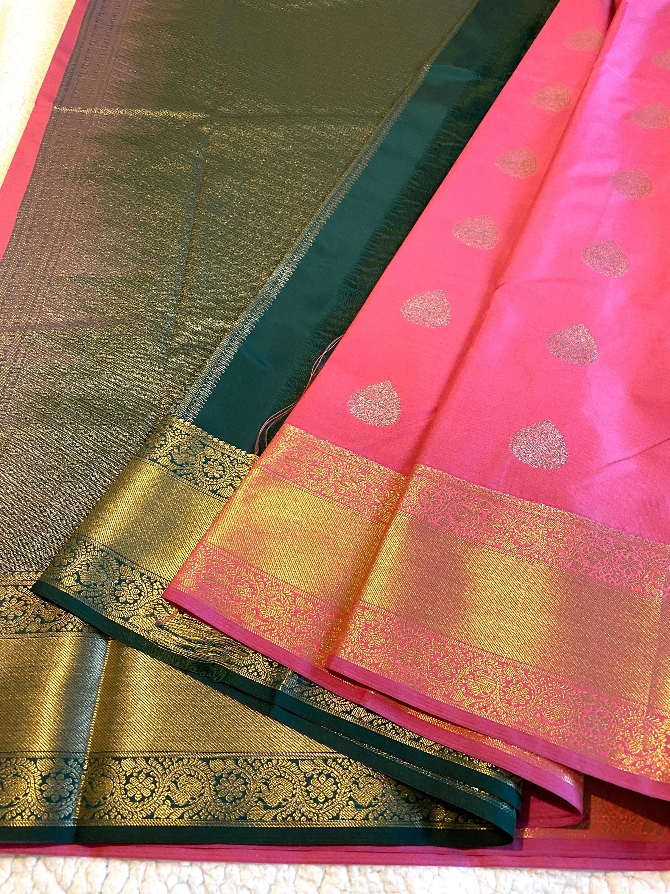 Elegant Semi-Kanchipuram Silk Saree – Soft Pink with Bottle Green Pallu & Border