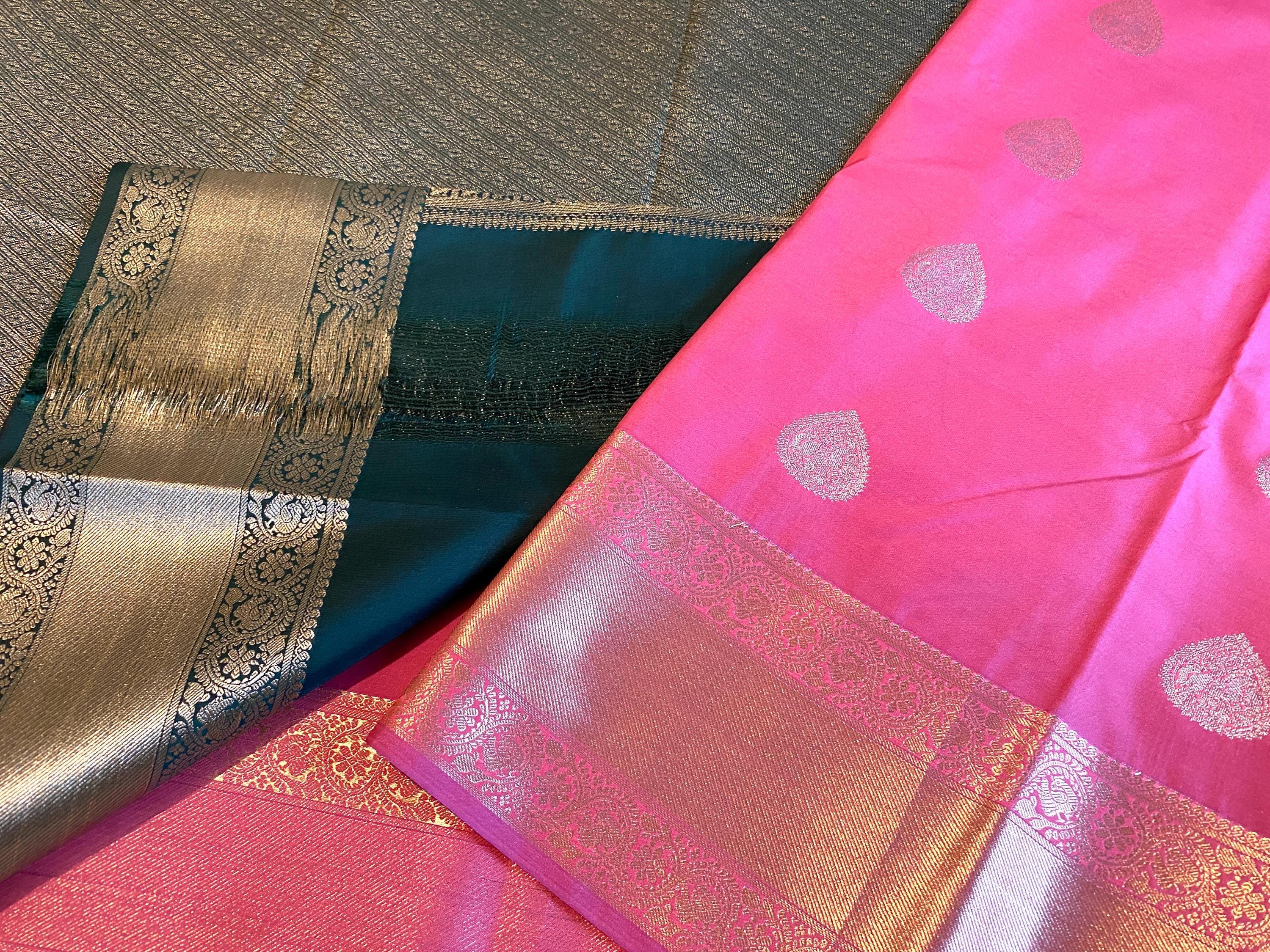 Elegant Semi-Kanchipuram Silk Saree – Soft Pink with Bottle Green Pallu & Border