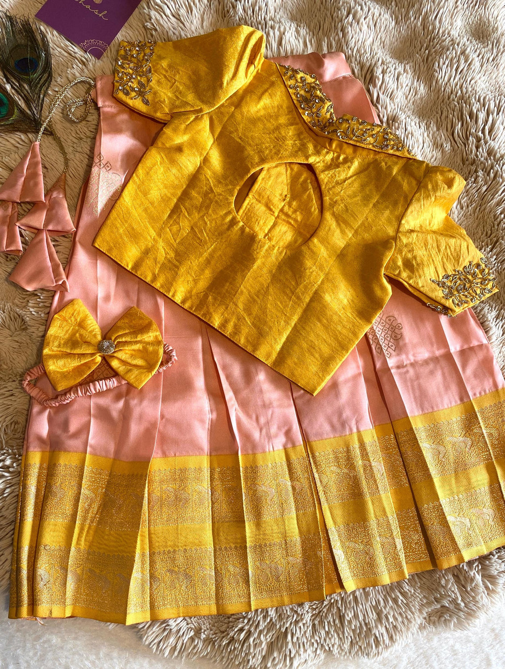 Yellow & Pink Kanchi Pattu Pavada for Kids 2–3 Y | Indo-Western Crop Top Set