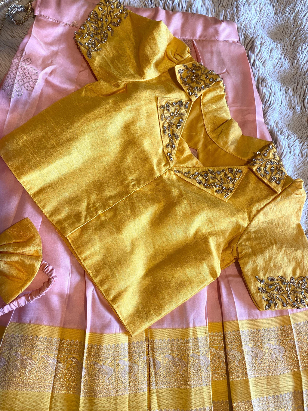 Yellow & Pink Kanchi Pattu Pavada for Kids 2–3 Y | Indo-Western Crop Top Set