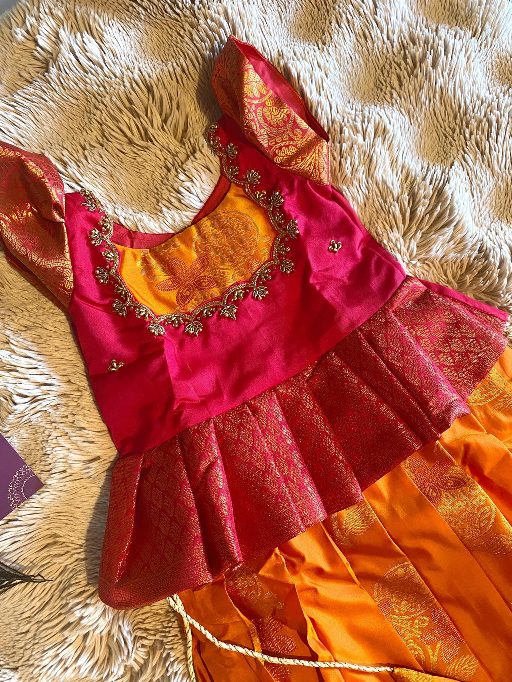 Orange & Magenta Kanchi Silk Pattu Pavada for Kids | 1–2 Y