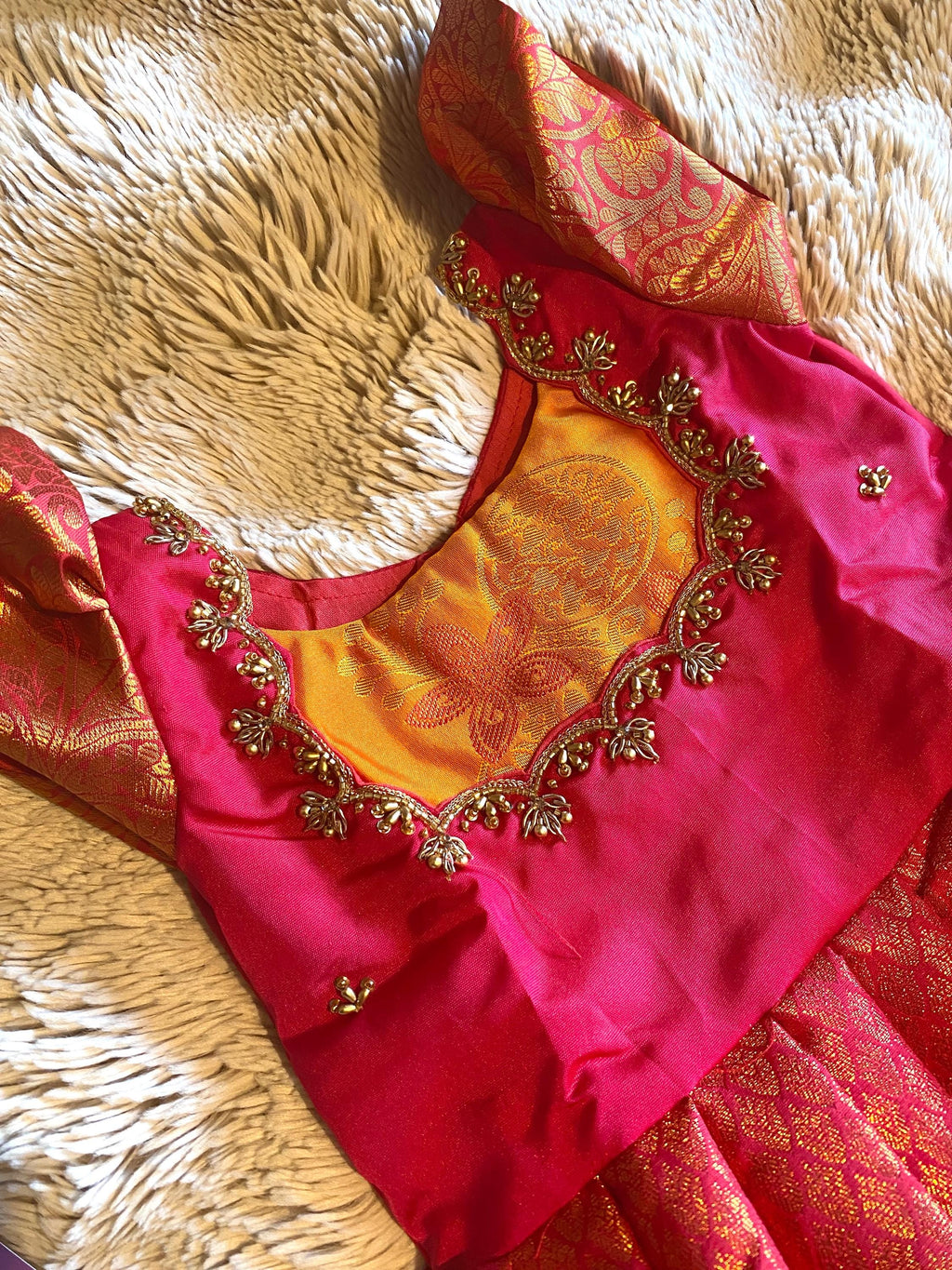 Orange & Magenta Kanchi Silk Pattu Pavada for Kids | 1–2 Y