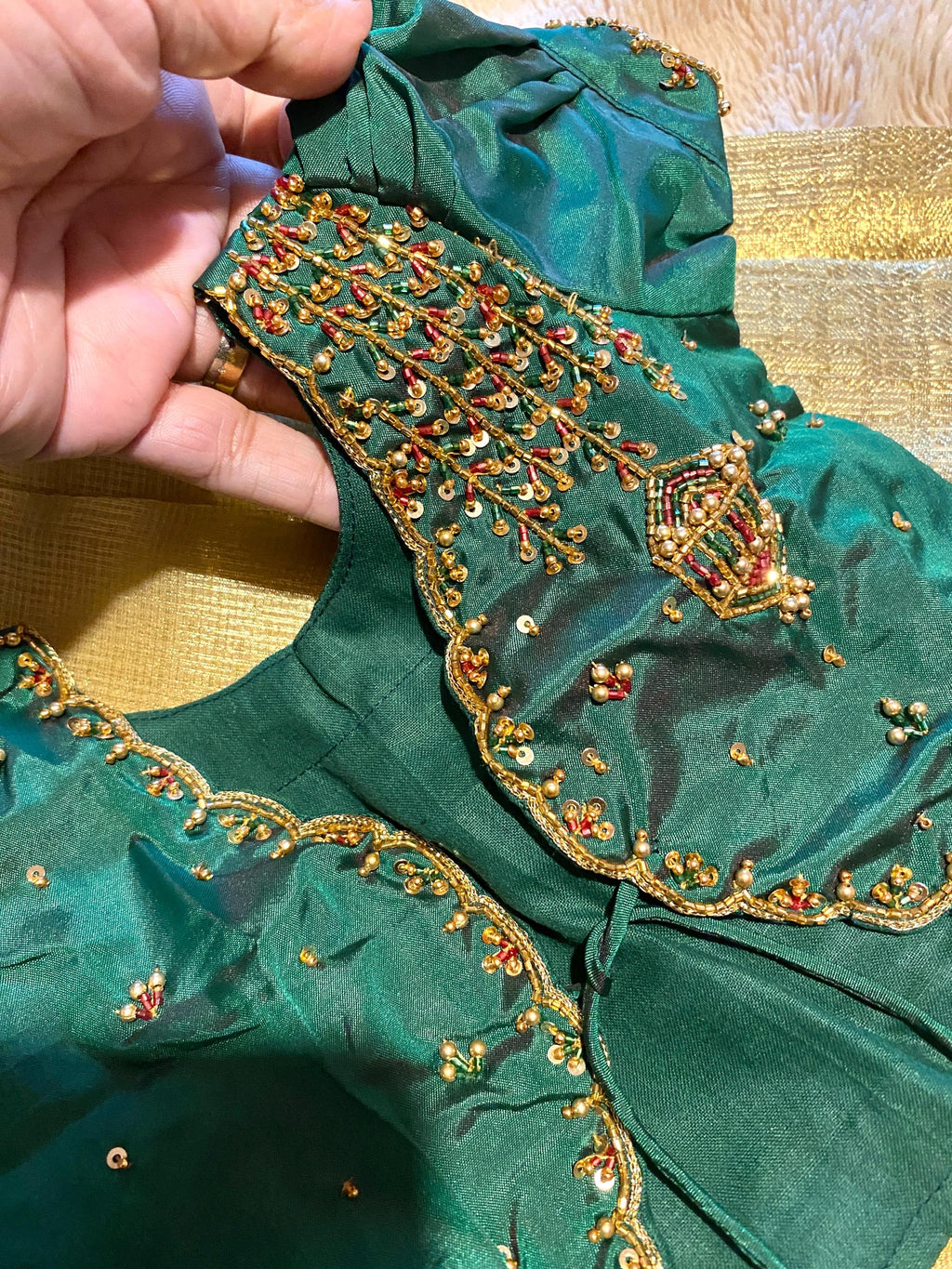 Green & Golden Tissue Silk Pattu Pavada for Kids 1–2 Y