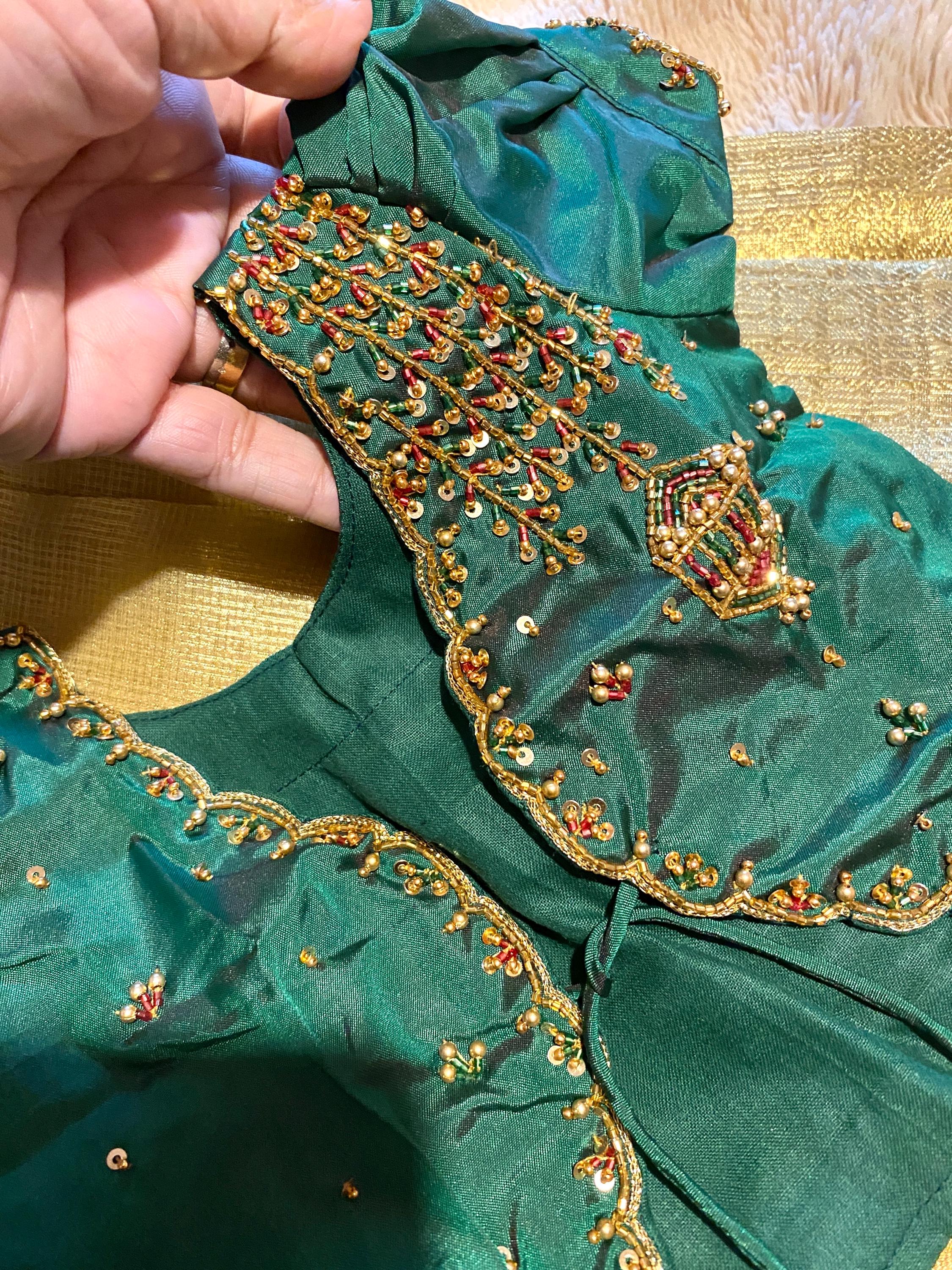 Green & Golden Tissue Silk Pattu Pavada for Kids 1–2 Y