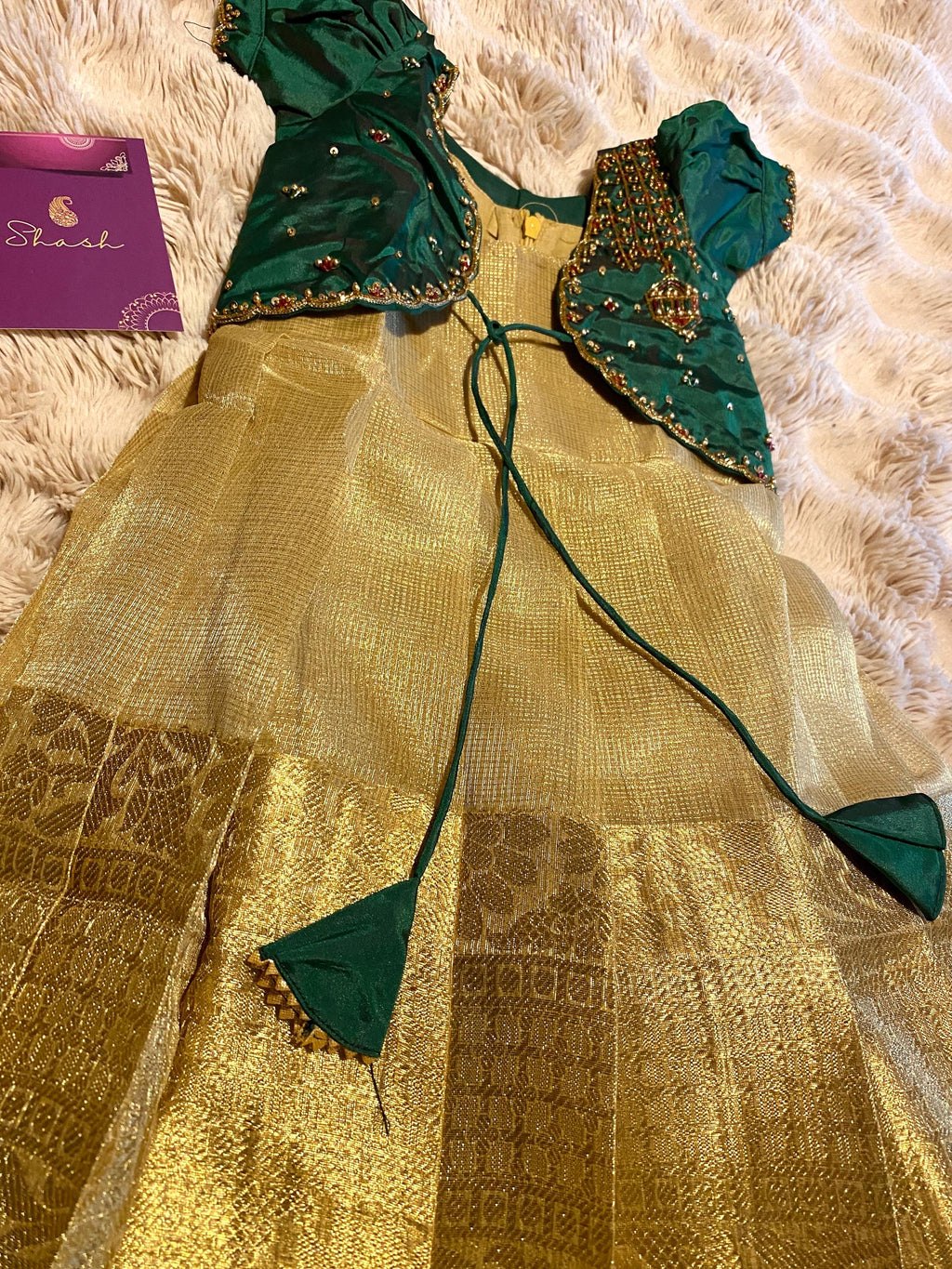 Green & Golden Tissue Silk Pattu Pavada for Kids 1–2 Y