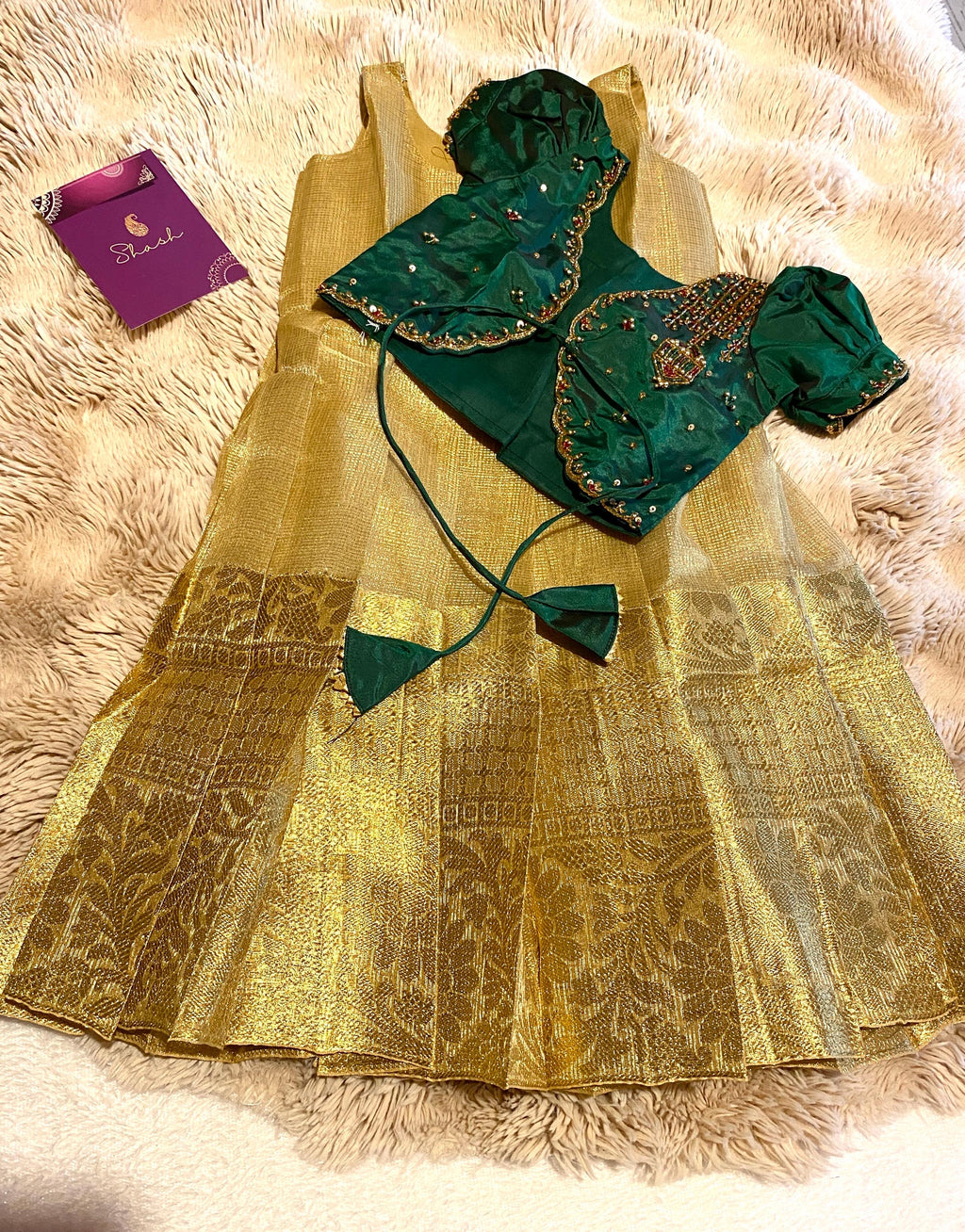 Green & Golden Tissue Silk Pattu Pavada for Kids 1–2 Y