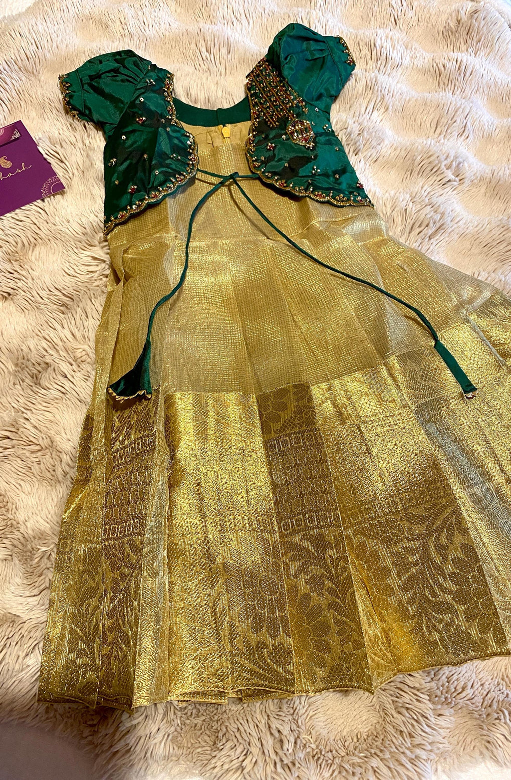 Green & Golden Tissue Silk Pattu Pavada for Kids 1–2 Y