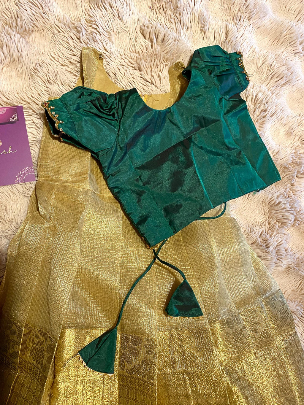 Green & Golden Tissue Silk Pattu Pavada for Kids 1–2 Y
