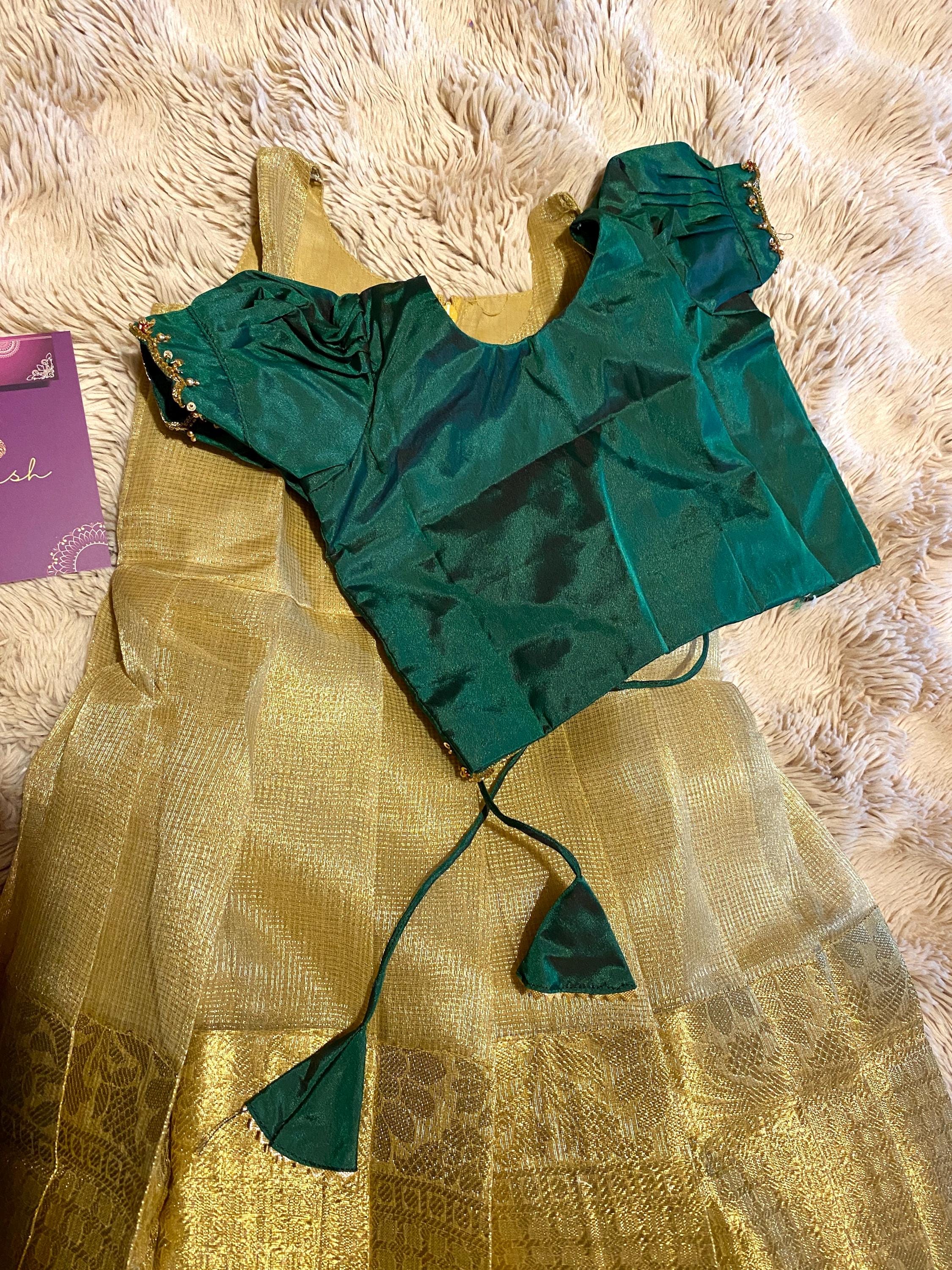 Green & Golden Tissue Silk Pattu Pavada for Kids 1–2 Y