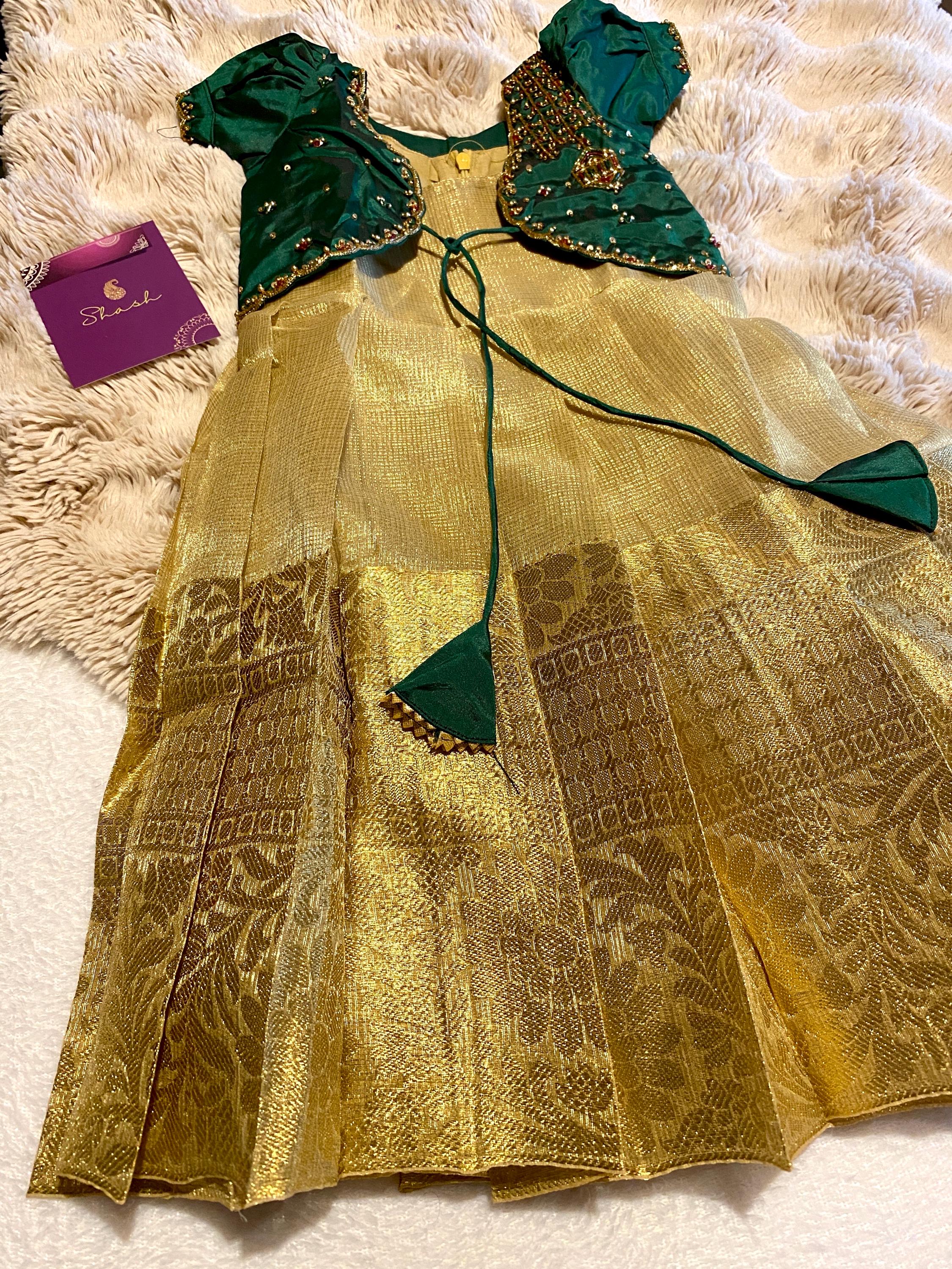 Green & Golden Tissue Silk Pattu Pavada for Kids 1–2 Y