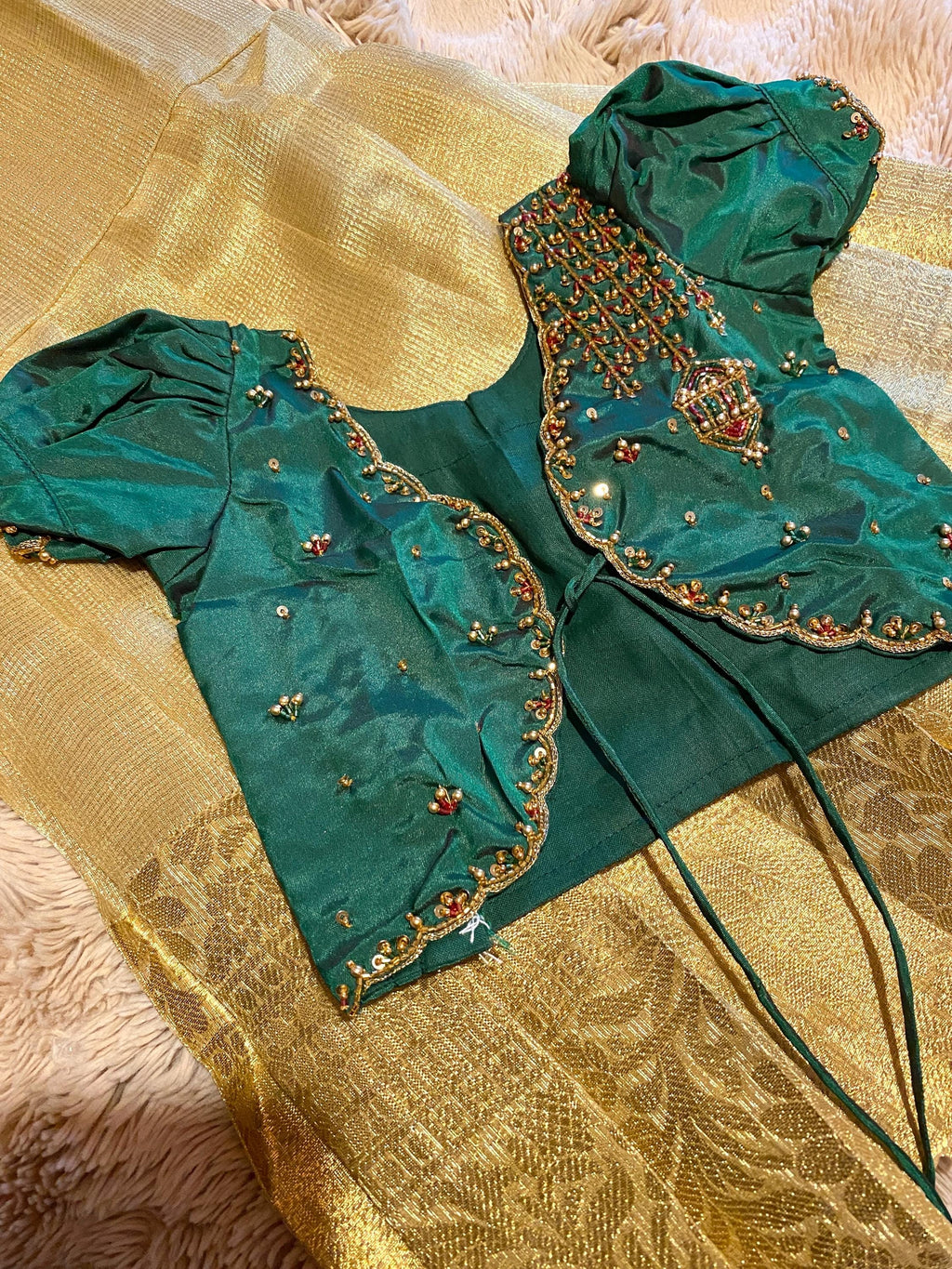 Green & Golden Tissue Silk Pattu Pavada for Kids 1–2 Y