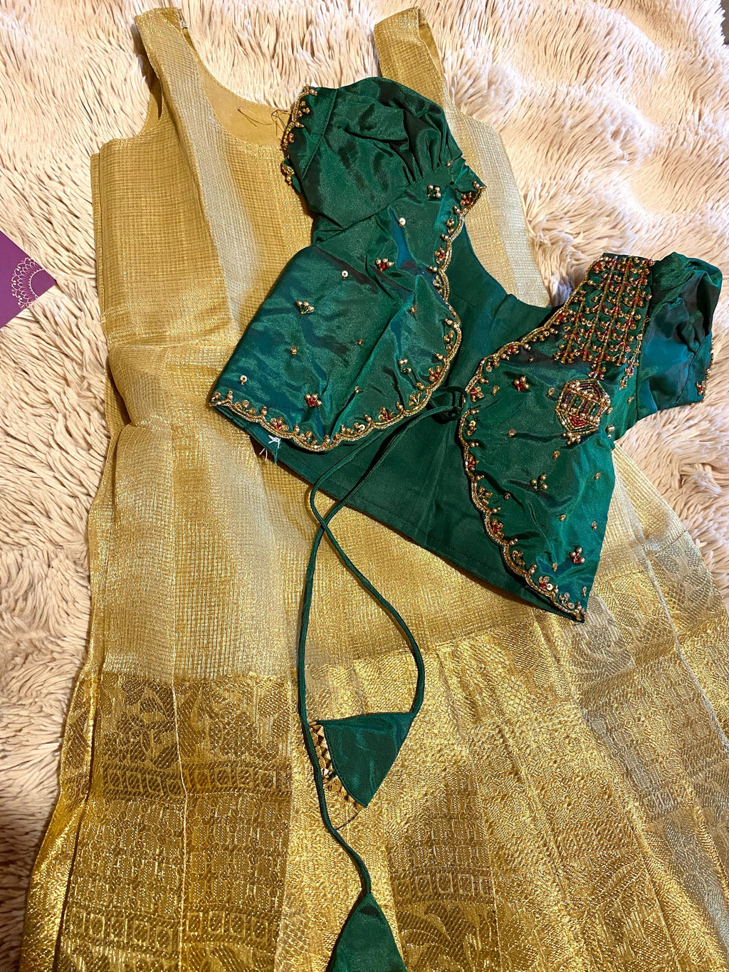 Green & Golden Tissue Silk Pattu Pavada for Kids 1–2 Y