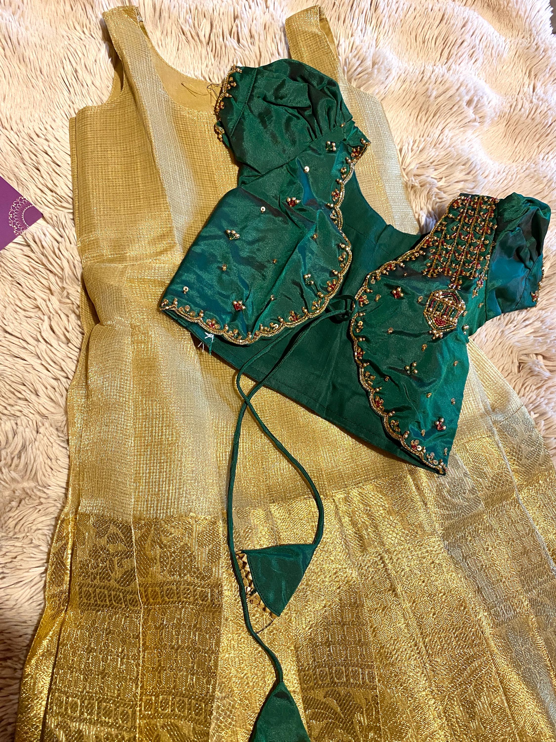 Green & Golden Tissue Silk Pattu Pavada for Kids 1–2 Y