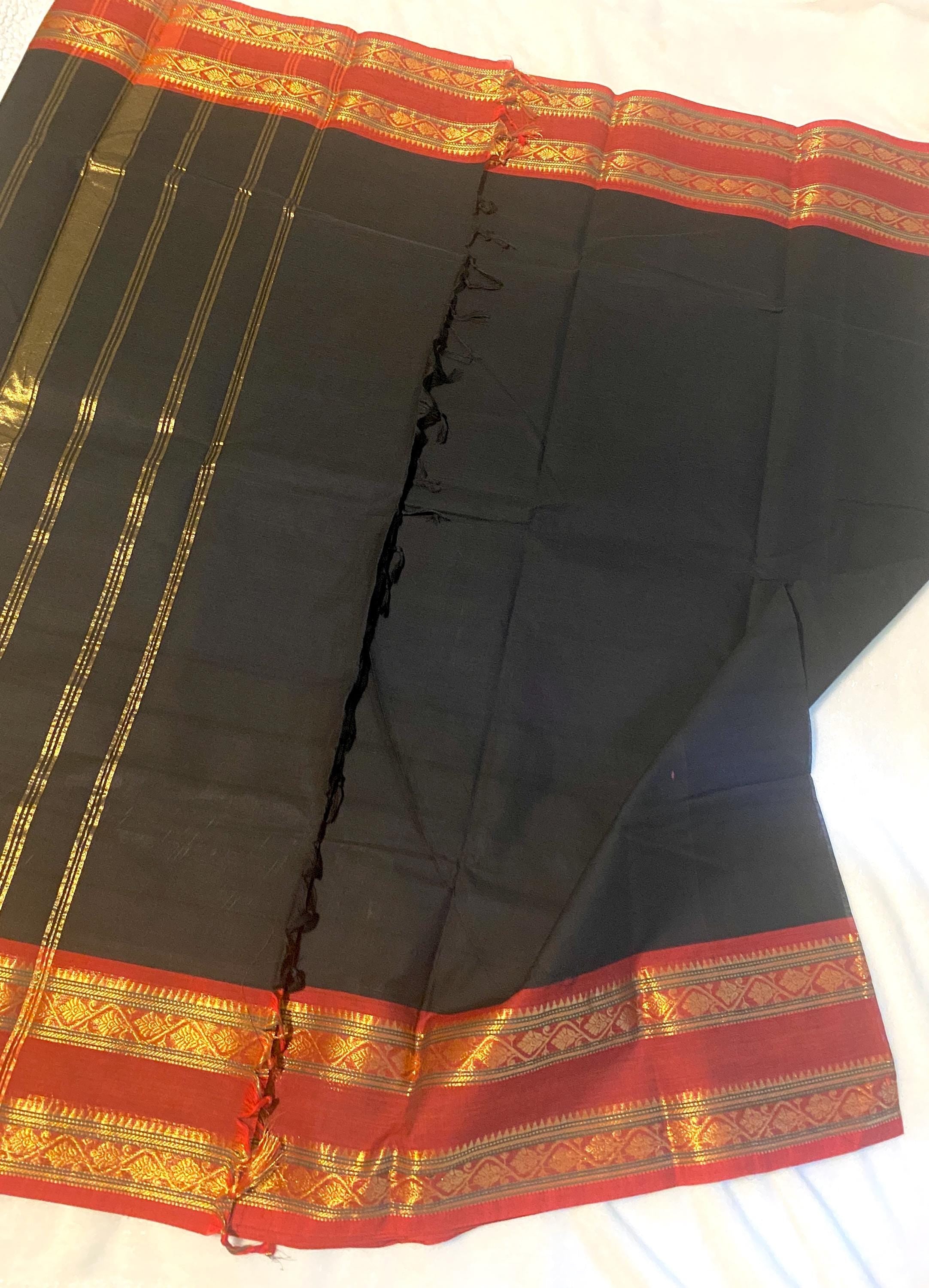 Pure Kanchi Cotton Saree | Black with Red Signature Kanchi Borders