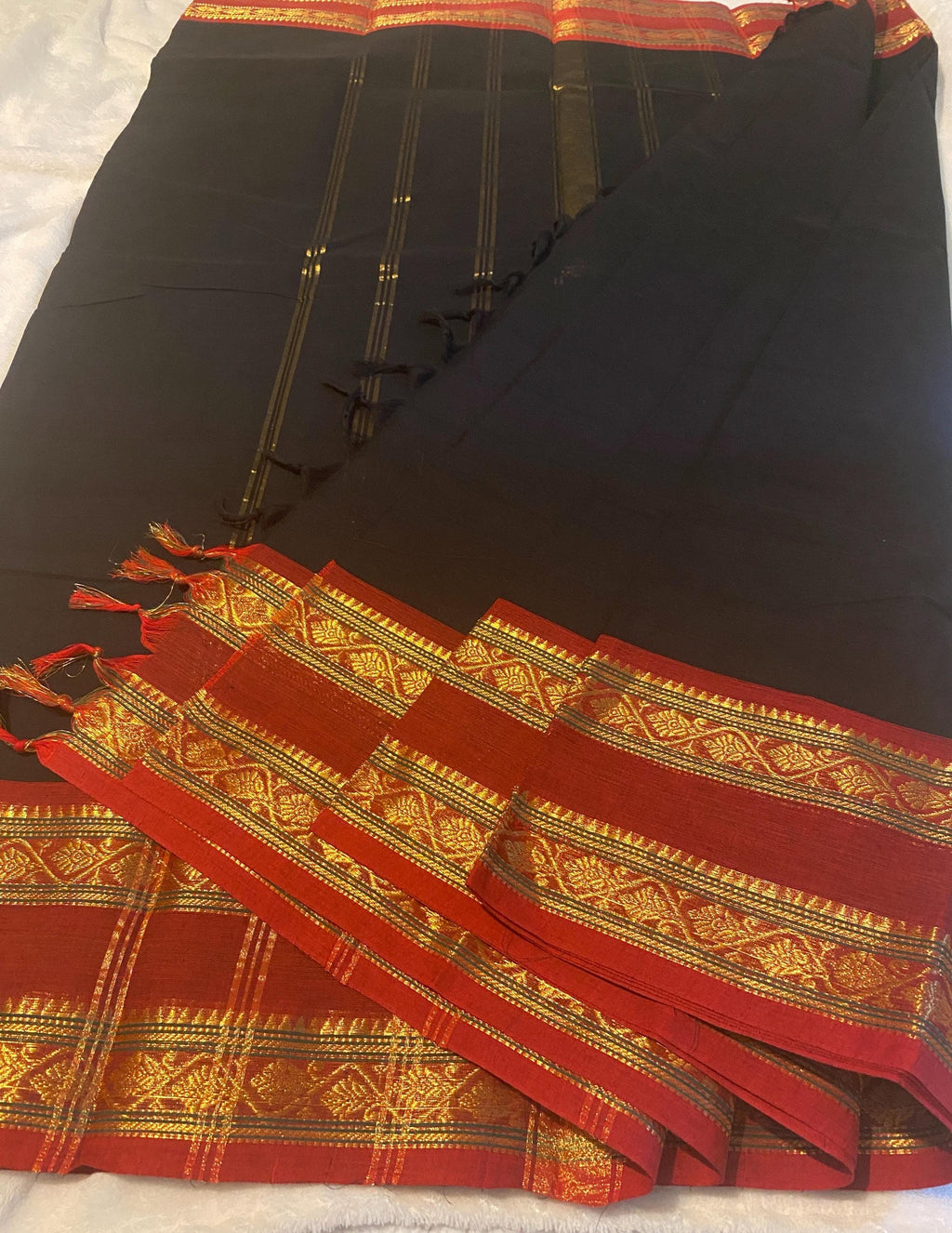 Pure Kanchi Cotton Saree | Black with Red Signature Kanchi Borders
