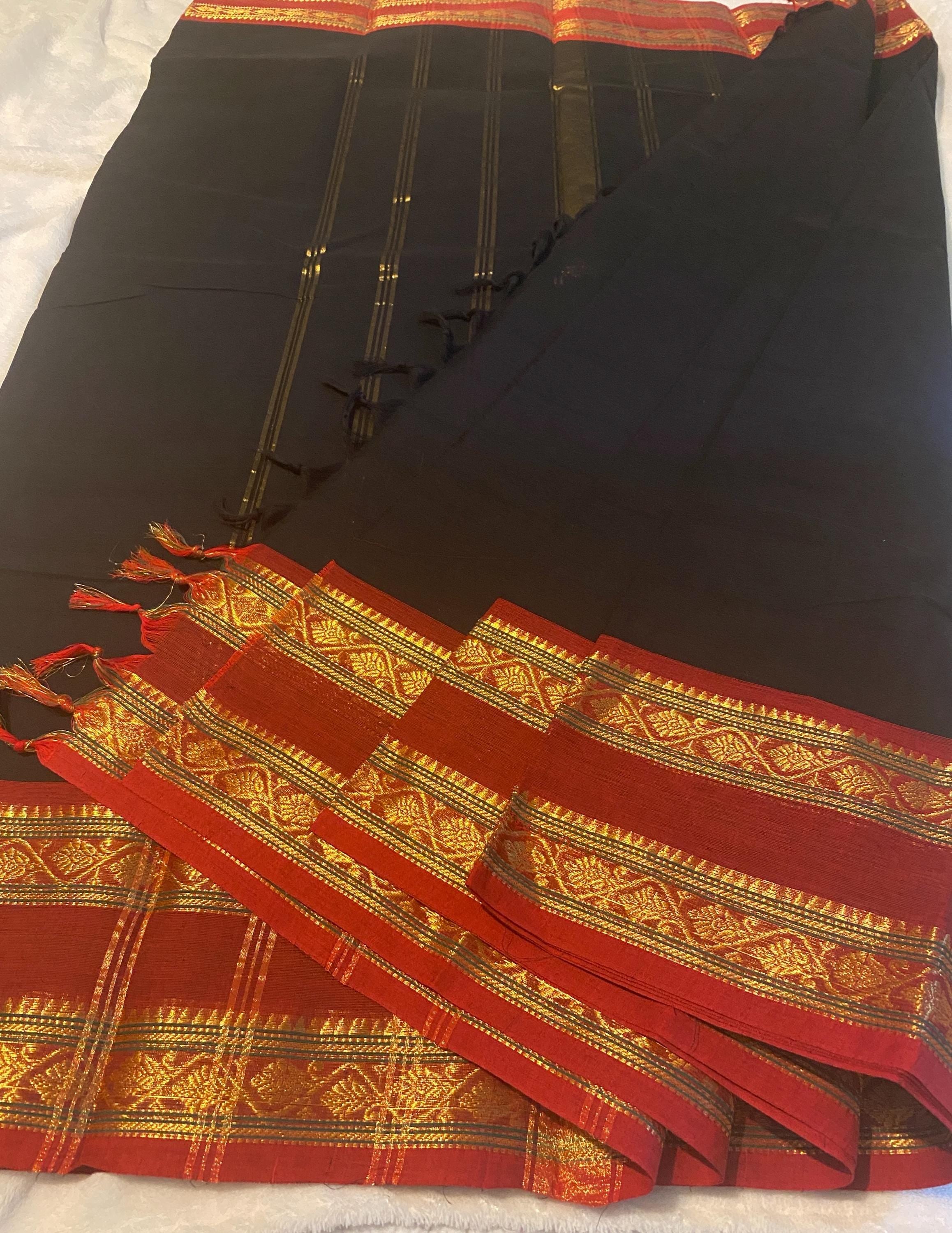 Pure Kanchi Cotton Saree | Black with Red Signature Kanchi Borders