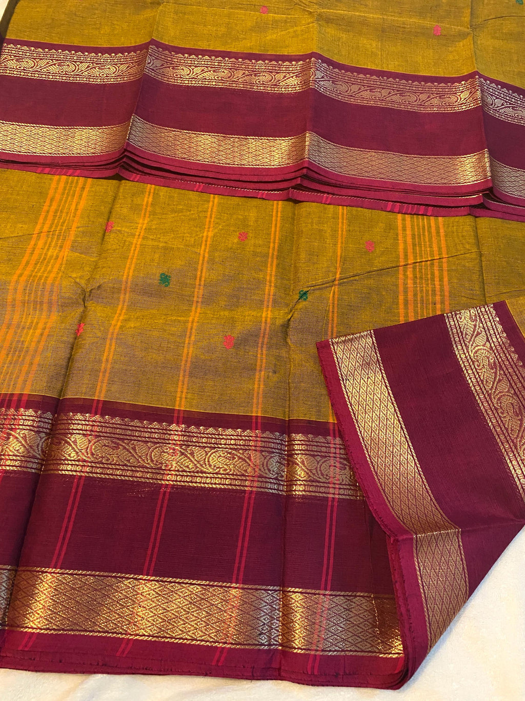 Pure Kanchi Cotton Saree – Mustard Yellow with Maroon Zari Border