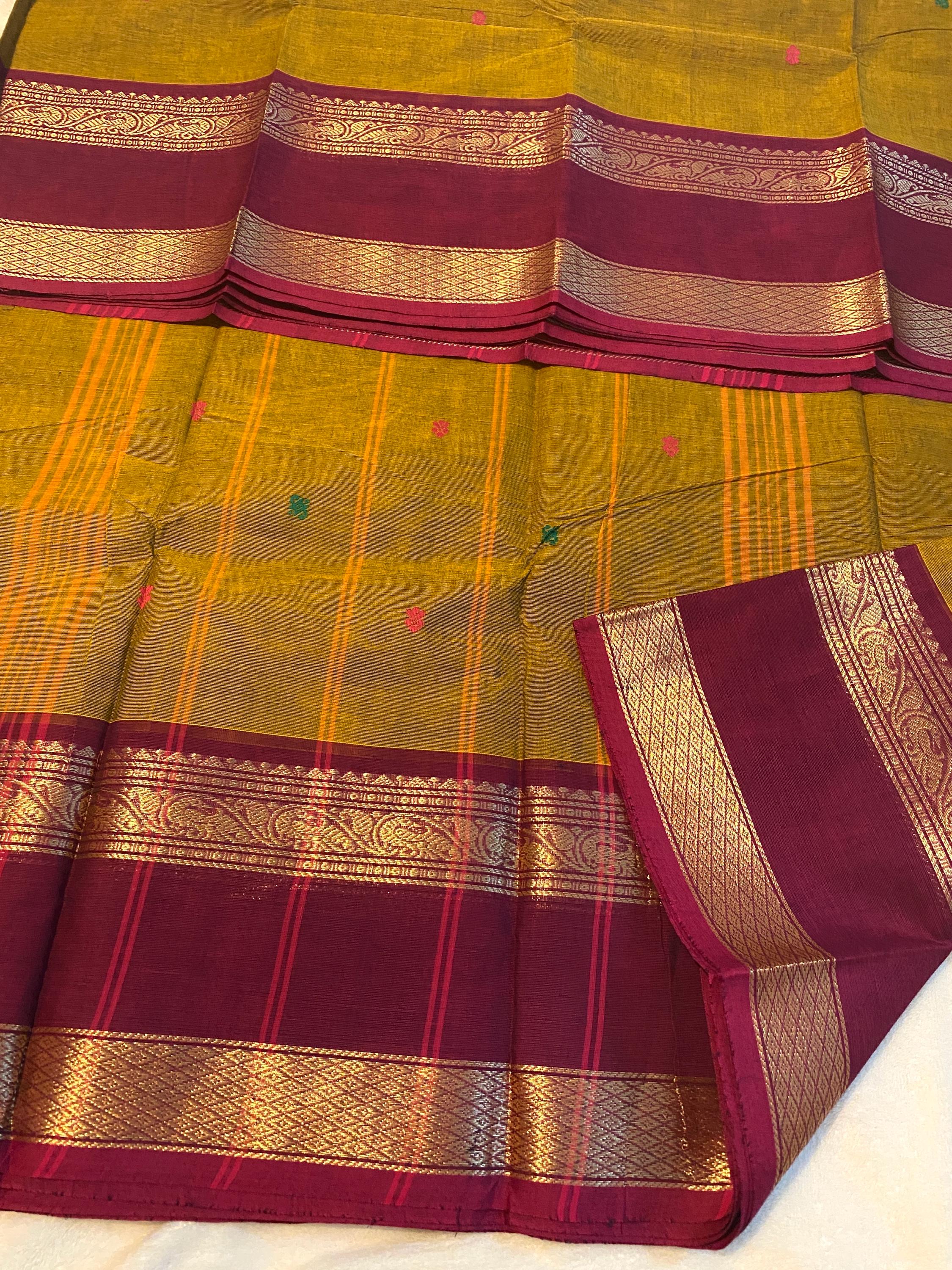 Pure Kanchi Cotton Saree – Mustard Yellow with Maroon Zari Border