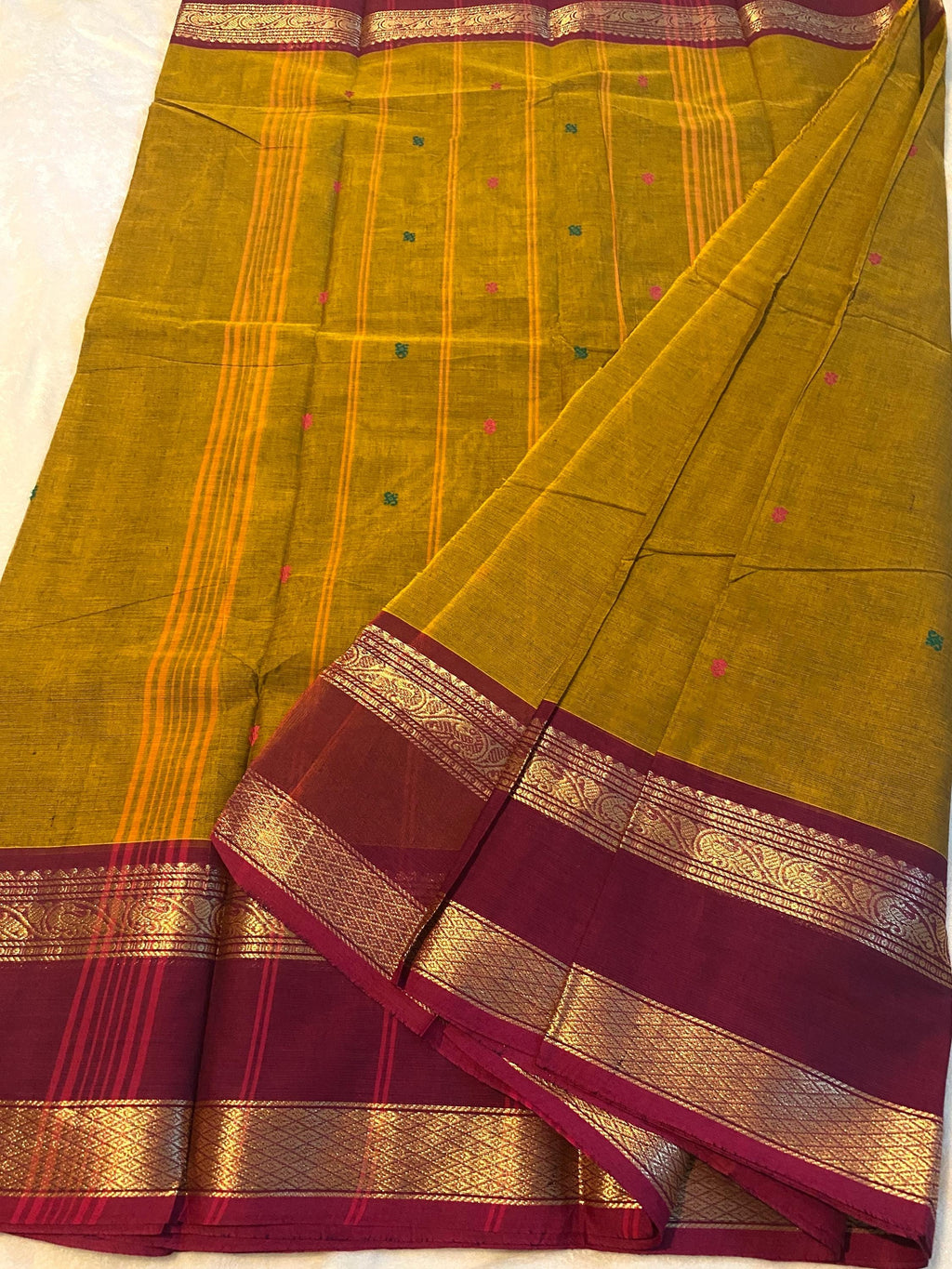Pure Kanchi Cotton Saree – Mustard Yellow with Maroon Zari Border