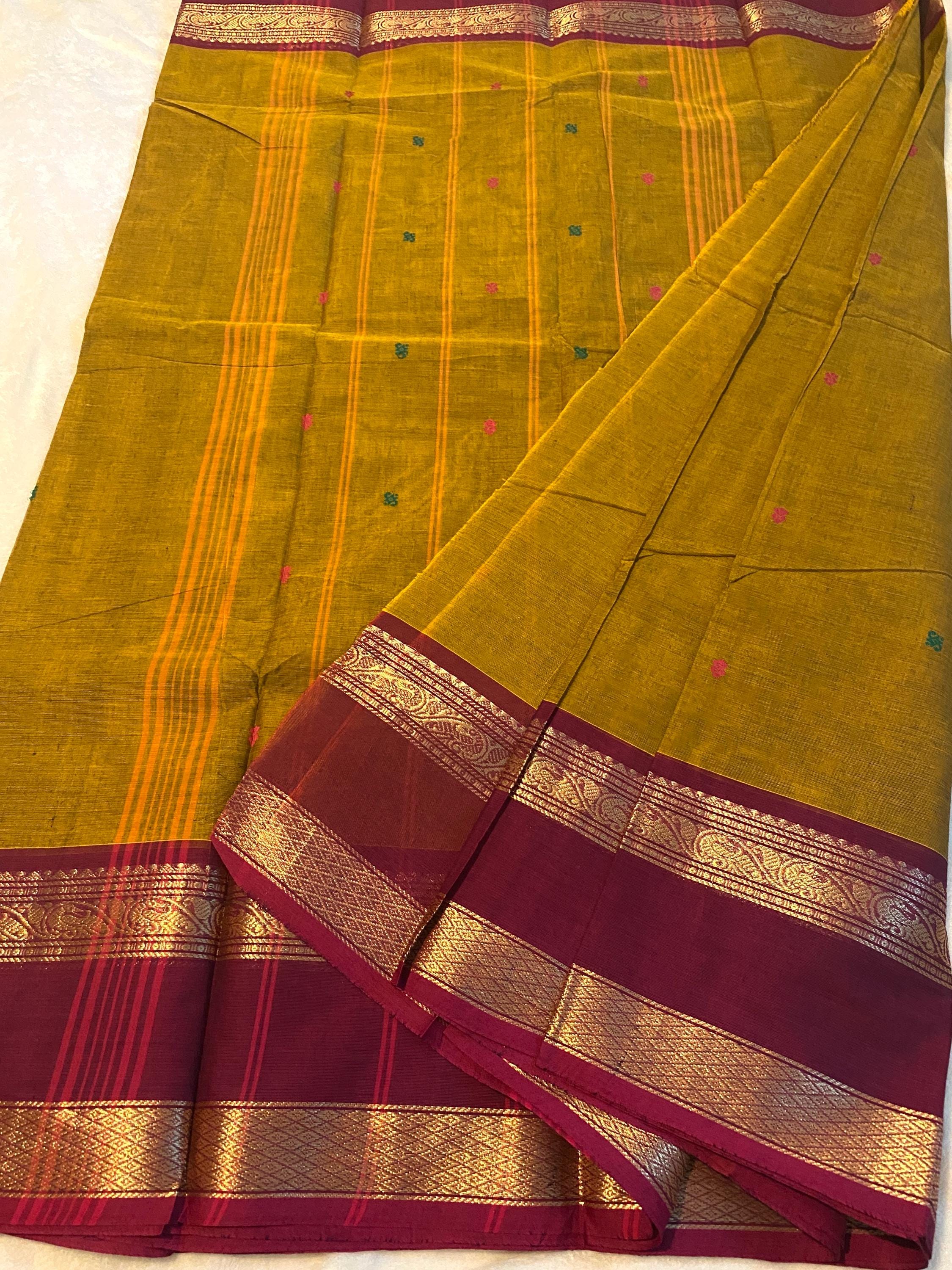 Pure Kanchi Cotton Saree – Mustard Yellow with Maroon Zari Border