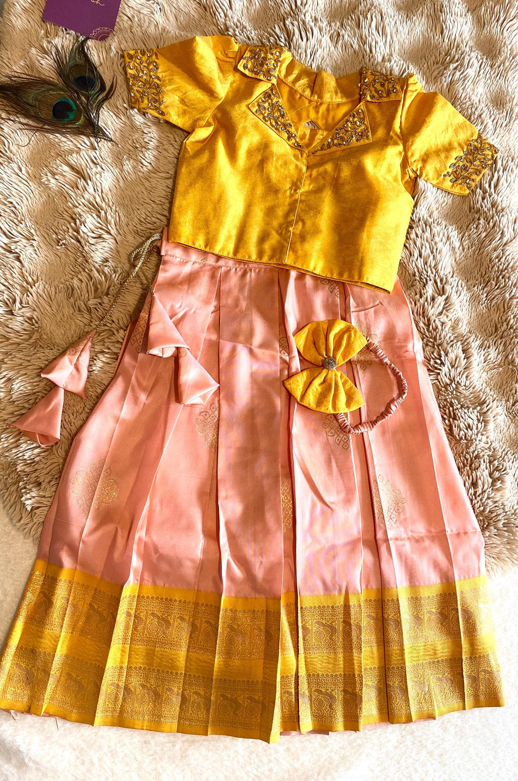 Yellow & Pink Kanchi Pattu Pavada for Kids 2–3 Y | Indo-Western Crop Top Set