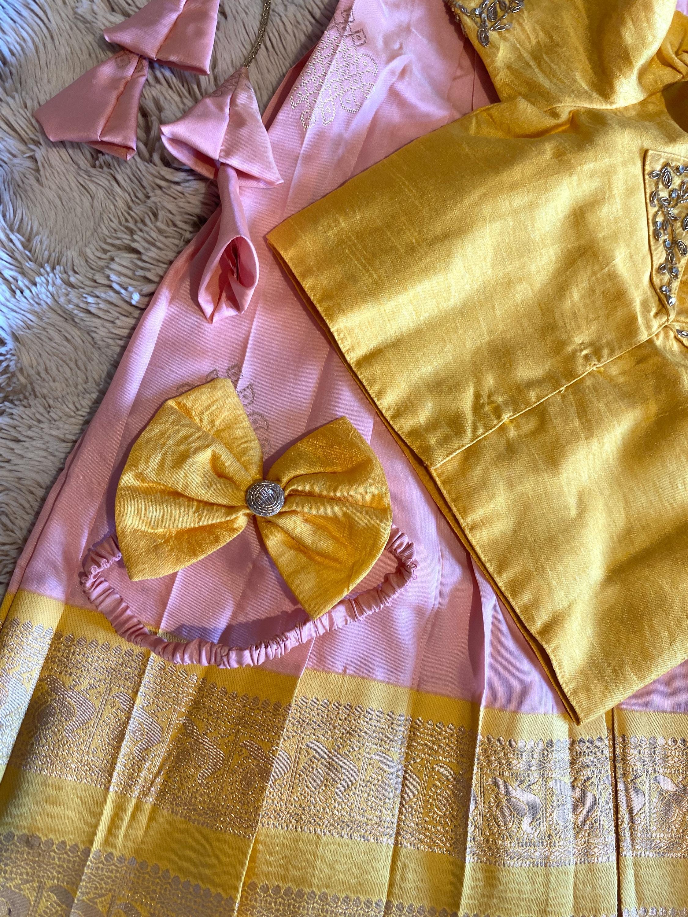 Yellow & Pink Kanchi Pattu Pavada for Kids 2–3 Y | Indo-Western Crop Top Set