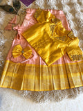 Yellow & Pink Kanchi Pattu Pavada for Kids 2–3 Y | Indo-Western Crop Top Set