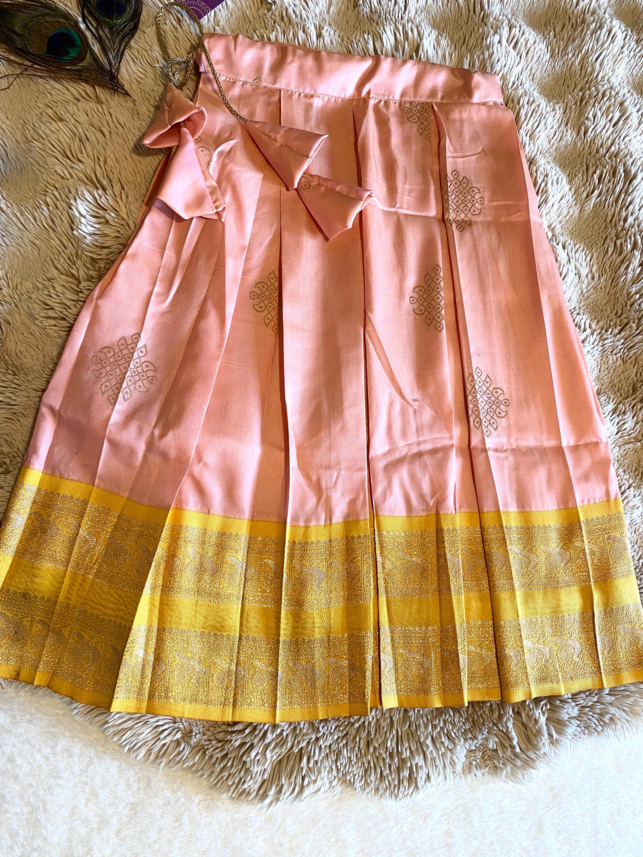 Yellow & Pink Kanchi Pattu Pavada for Kids 2–3 Y | Indo-Western Crop Top Set