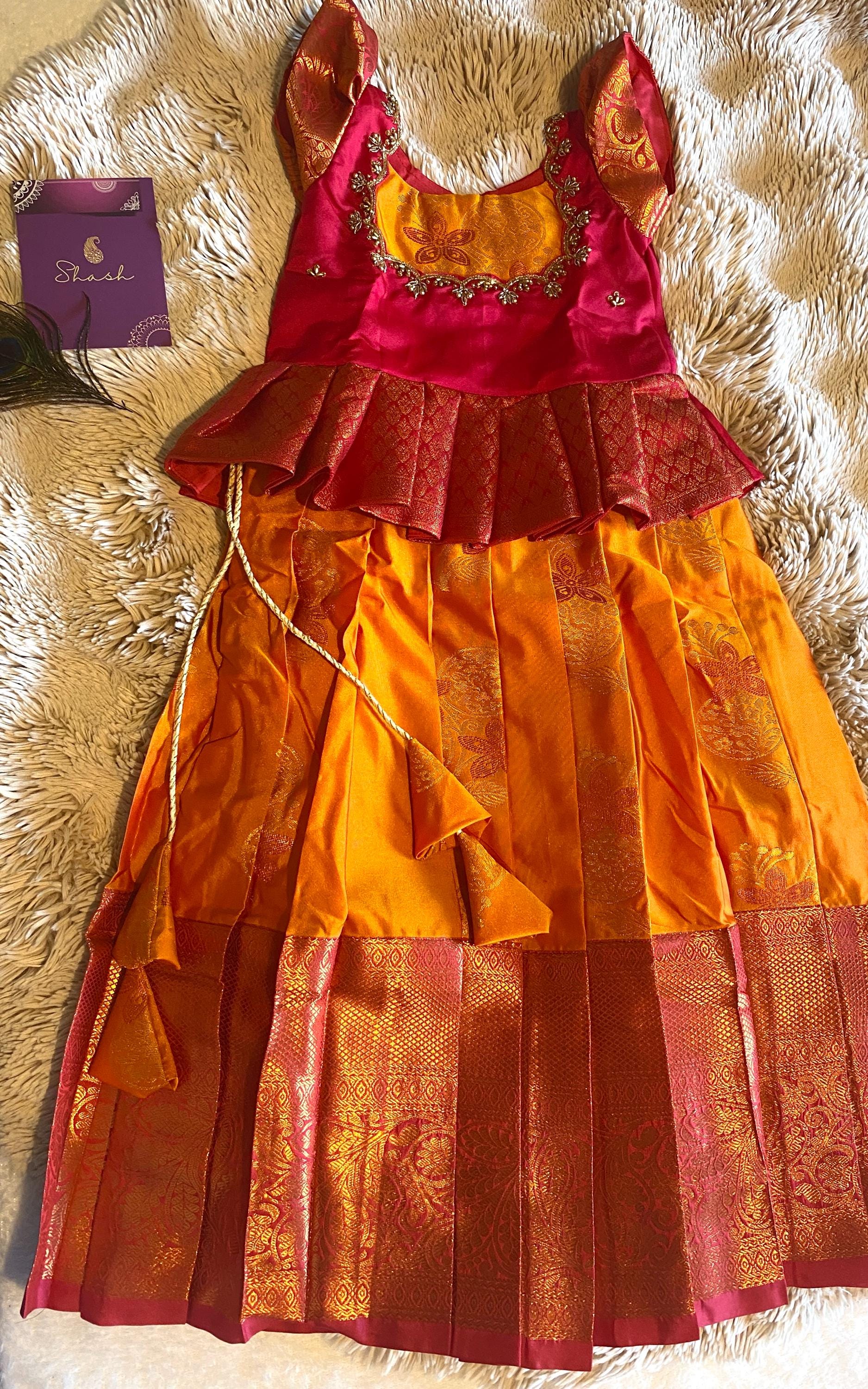 Orange & Magenta Kanchi Silk Pattu Pavada for Kids | 1–2 Y