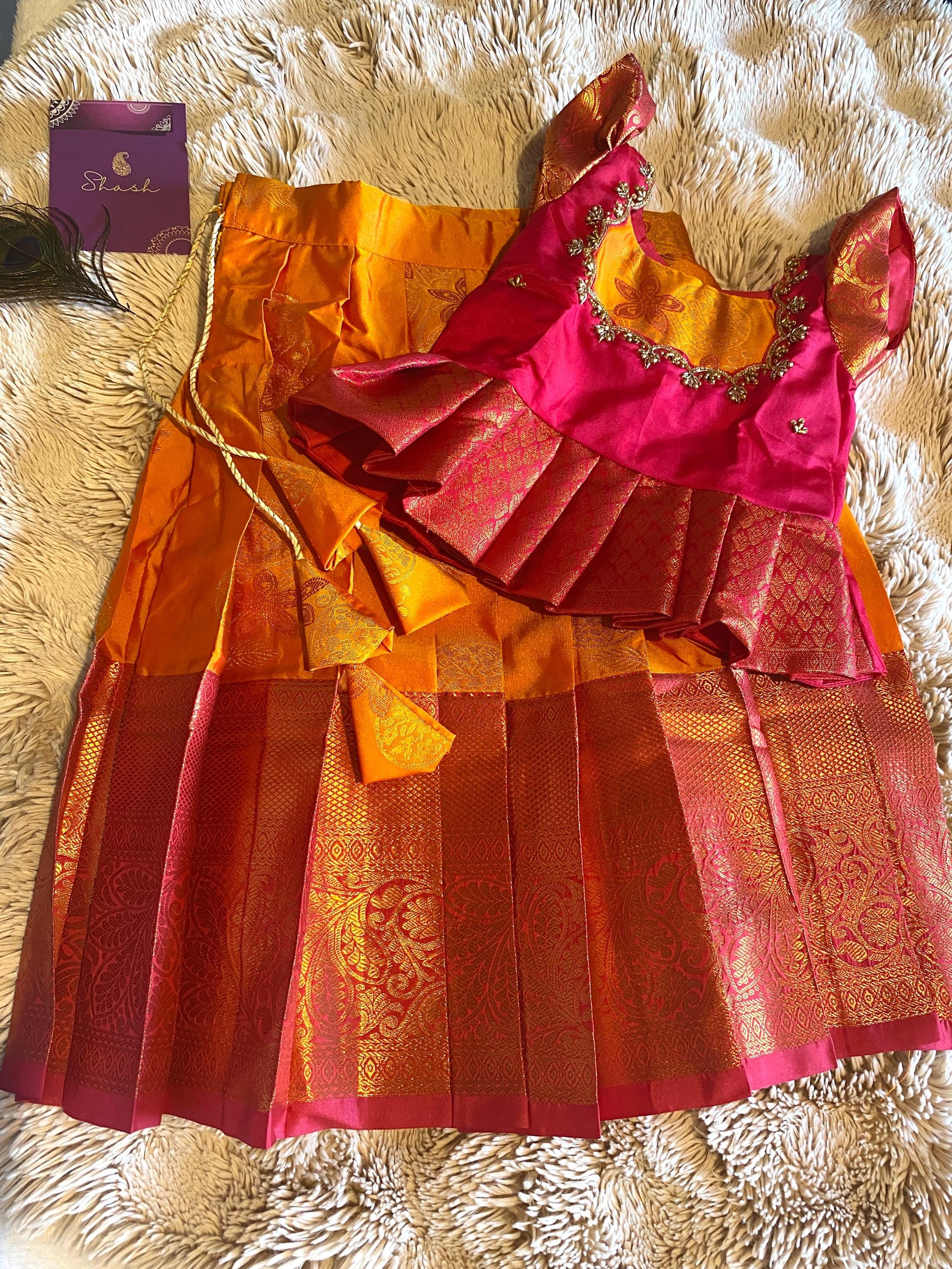 Orange & Magenta Kanchi Silk Pattu Pavada for Kids | 1–2 Y