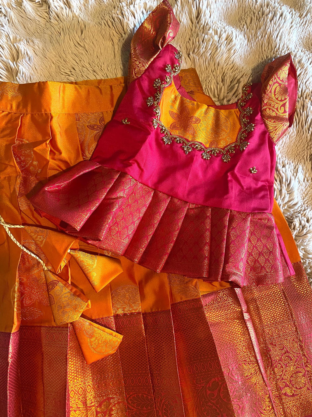Orange & Magenta Kanchi Silk Pattu Pavada for Kids | 1–2 Y