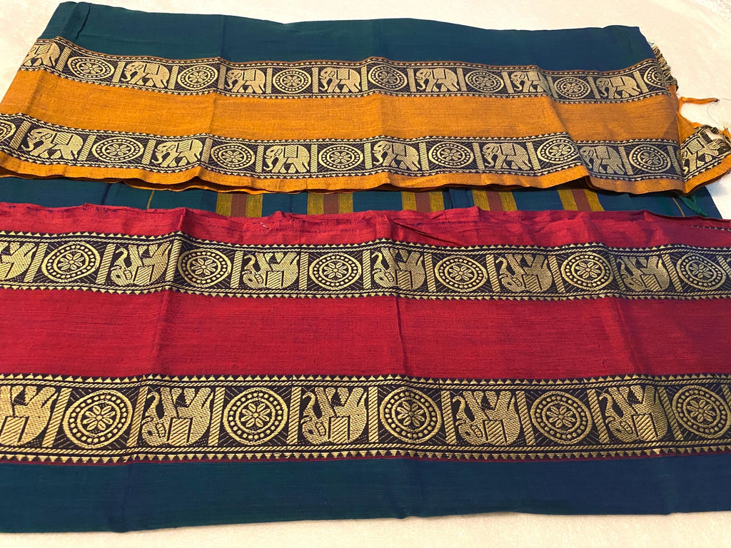 Narayanpet Pure Cotton Dual-Tone Saree with Ganga-Jamuna Border | Peacock Green & Red-Mustard | Blouse NOT Included | UK