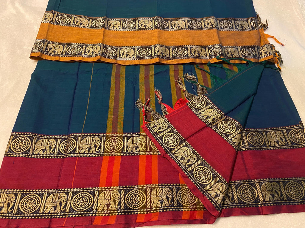 Narayanpet Pure Cotton Dual-Tone Saree with Ganga-Jamuna Border | Peacock Green & Red-Mustard | Blouse NOT Included | UK