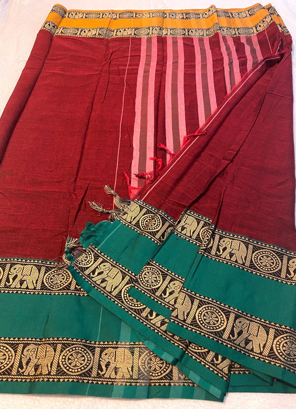 Narayanpet Pure Cotton Saree with Ganga-Jamuna Border | Reddish Maroon Shade | Blouse NOT Included