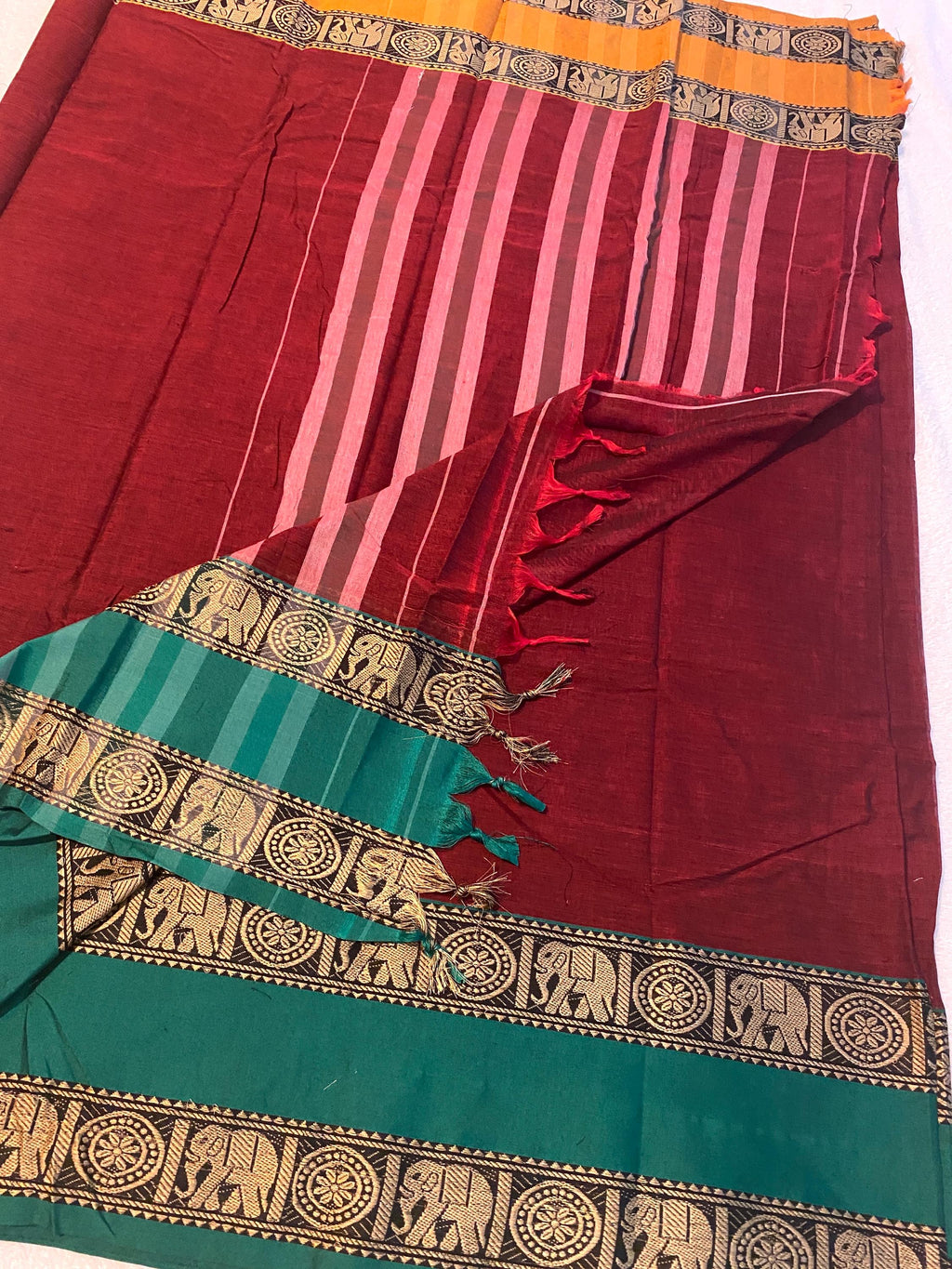 Narayanpet Pure Cotton Saree with Ganga-Jamuna Border | Reddish Maroon Shade | Blouse NOT Included