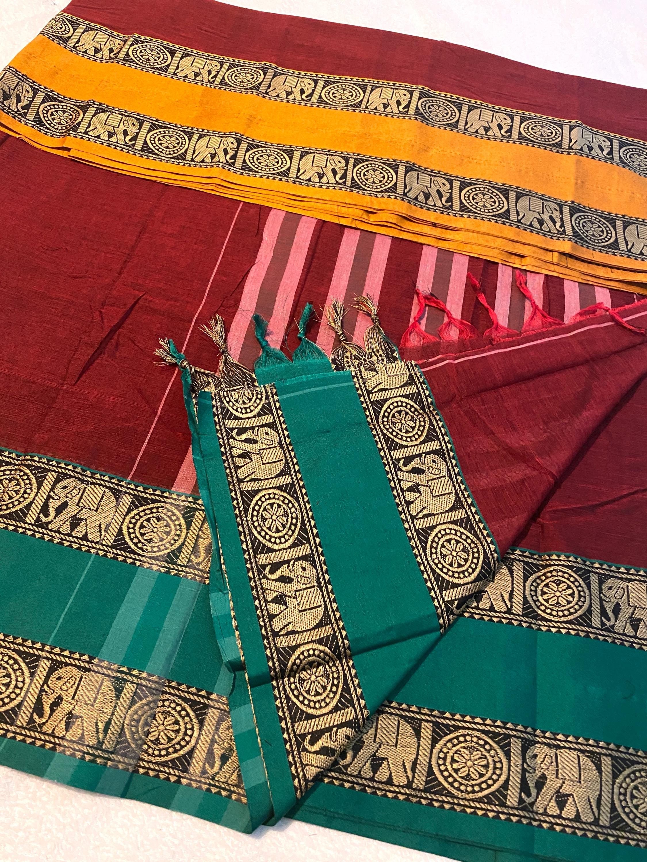 Narayanpet Pure Cotton Saree with Ganga-Jamuna Border | Reddish Maroon Shade | Blouse NOT Included